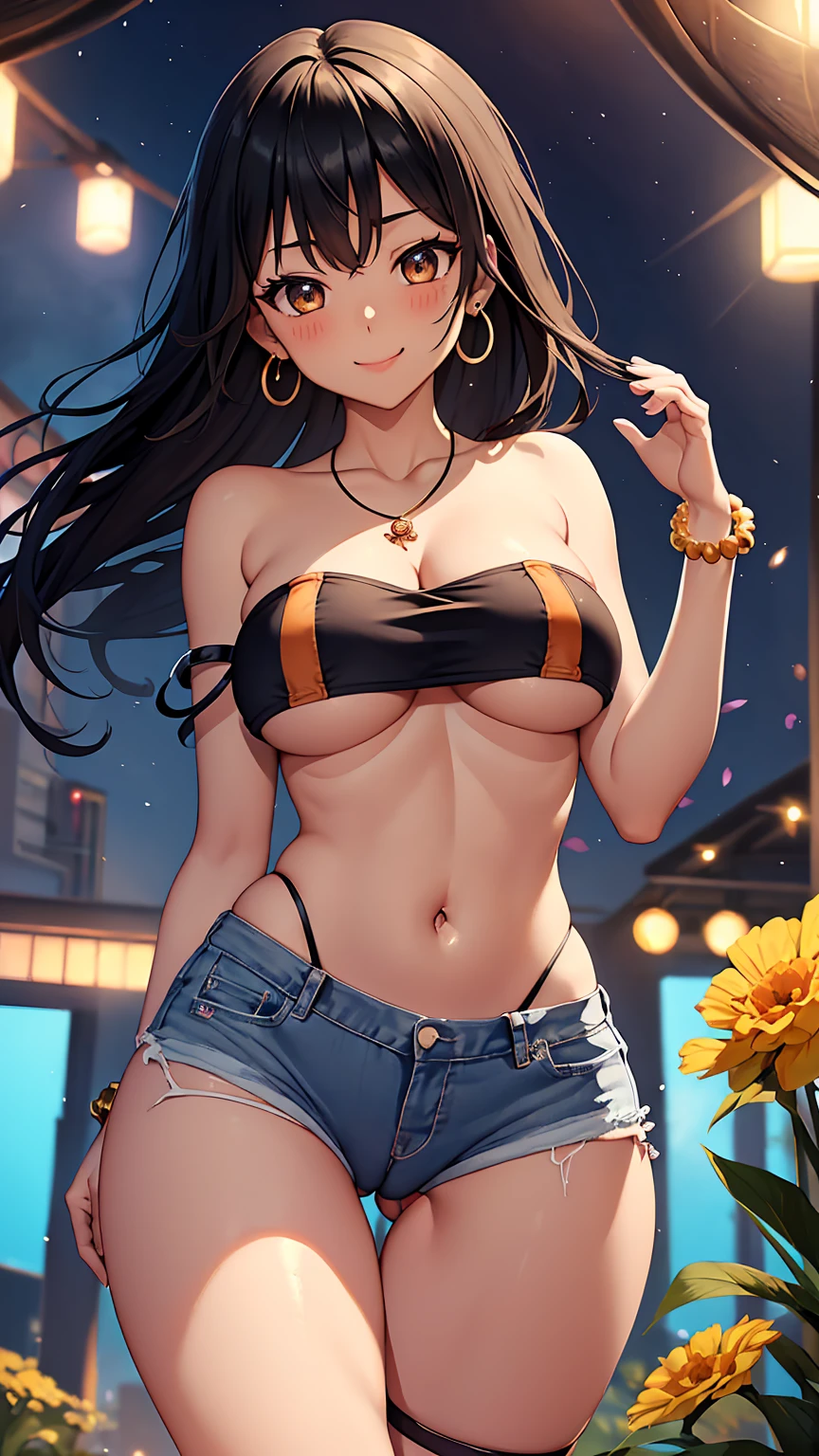 1girl, anime girl, anime, (dark skin), bracelet, necklace, earrings, 2d girl, 18y, (fullbody), anime girl, seductive smile, (black hair), flowing hair, hair flowing in the wind, ((white,tube top,strapless)), ((underboob view)), cleavage, Solo, Slim, Big Breasts, Tight Shorts, low waist shorts, upshorts, outdoors, night background, flowers, looking at viewer, darker shadows, (((Wedgie))), (((explicit))), (((black shorts, (((black jean shorts))), shorts color is black))), (((absurdres))), (((thigh gap))), NSFW, (((cameltoe))), (((lowleg shorts))), (((sexy))), (((sensual))), (((Detailed description vagina))), (((Tube Top))), (((Strapless)))
