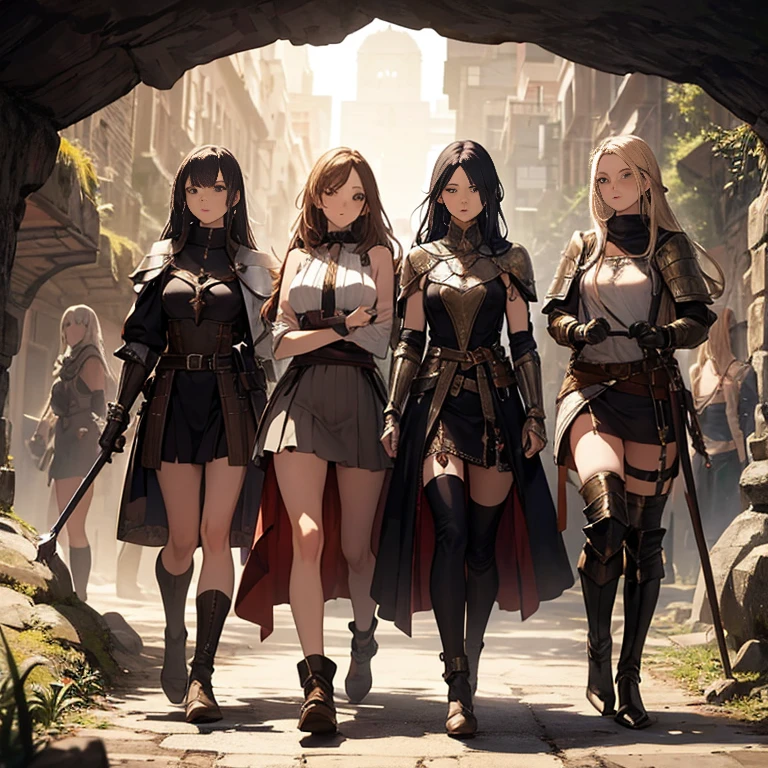 A group of  female medieval fantasy adventurers, (in cave), various hair styles, harem, dark, details face, short skirt, seducing, sleeveless, armor 