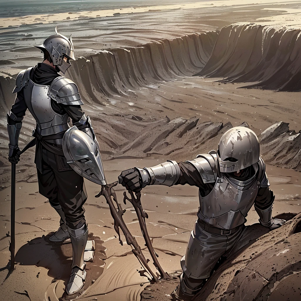 Best illustrations、Best Quality、(Full body character concept)、(((Gray simple armor、Black trousers、Black gloves、Short Hair、Black Hair、20 year old man、Iron Helmet、Iron helmet)))、(((Fighting Pose)))、(Old ruins、desert。Grass)、(Masked Knight)、(Black, muddy swamp)、(Medieval Knight)、(Close your eyes、get annoyed、Open your mouth、Get angry、Sweat)、battlefield、(From below)、((((Sea of mud、Black Sea、In the mud、Muddy))))、In the water、filled