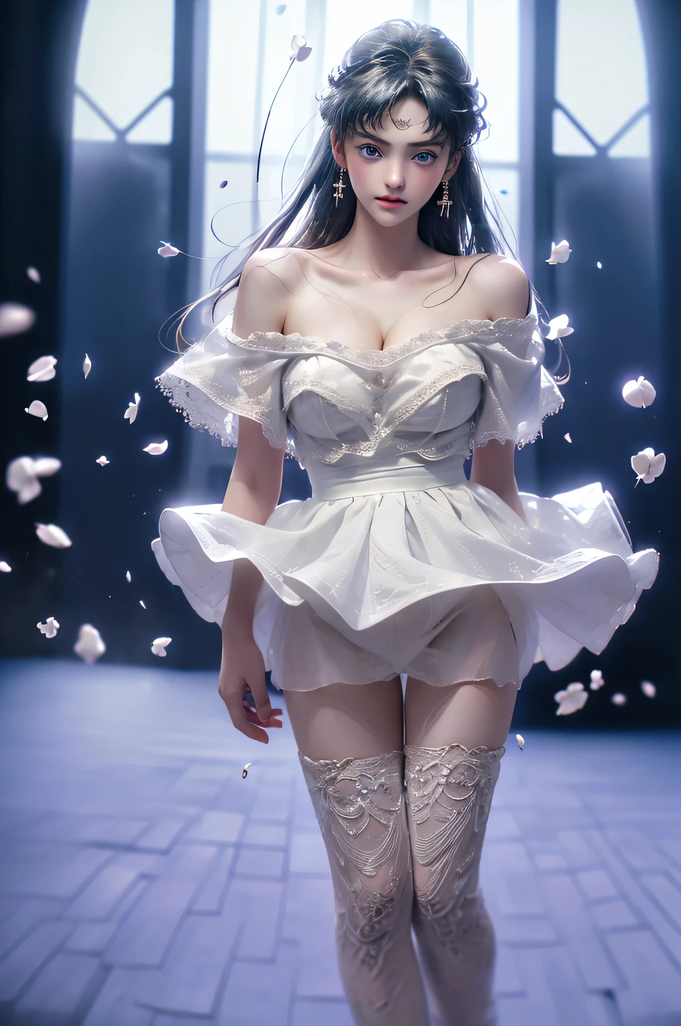 (Girl in a semi-transparent one-shoulder white miniskirt dress), (photo realistic:1.4), (hyper realistic:1.4), (realistic:1.3), (smoother lighting:1.05), (increase cinematic lighting quality:0.9),. 32K, 1girl,20yo girl, realistic lighting, backlight, light on face, ray trace, (brightening light:1. 2), (increase image quality:1.4), (highest quality realistic textured skin:1. 4),(Big Blue Eyes)、Detailed drawn eyes、Detailed painted face、Fine textured eyes、(tired、sleepy、satisfaction:0.0)、A shirt that shows off a lot of cleavage、(Accentuates the body line:1.1)、(Beautiful textured skin:1.1)、(White petals fluttering)、(White lace panties are visible)、Slim long legs、