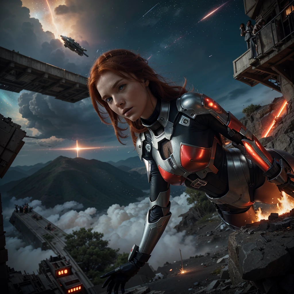 A dramatic and futuristic scene of a redhead female pilot, defeated by the Goddess of War, falling from the sky in her damaged mechsuit. The mechsuit has a red and silver color scheme, adorned with intricate details. The background reveals a hole in the sky, from which stars and galaxies spill out, symbolizing the connection to a higher power. The mechsuit is plummeting towards a new world, filled with vibrant colors, lush landscapes, and floating islands. The atmosphere is tense and filled with a sense of awe and wonder.