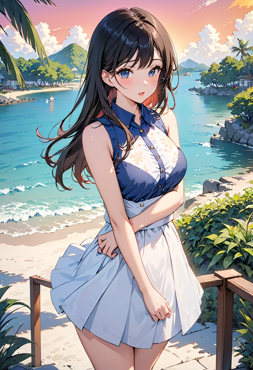 (work of art:1.2), (best qualityer:1.3),breast enhancement 、shallow_SUNSET, 1 girl, standing, cowboy_outlet, Summer sleeveless、mini skirt、Resort Island、Looking at this、Pointed lips、