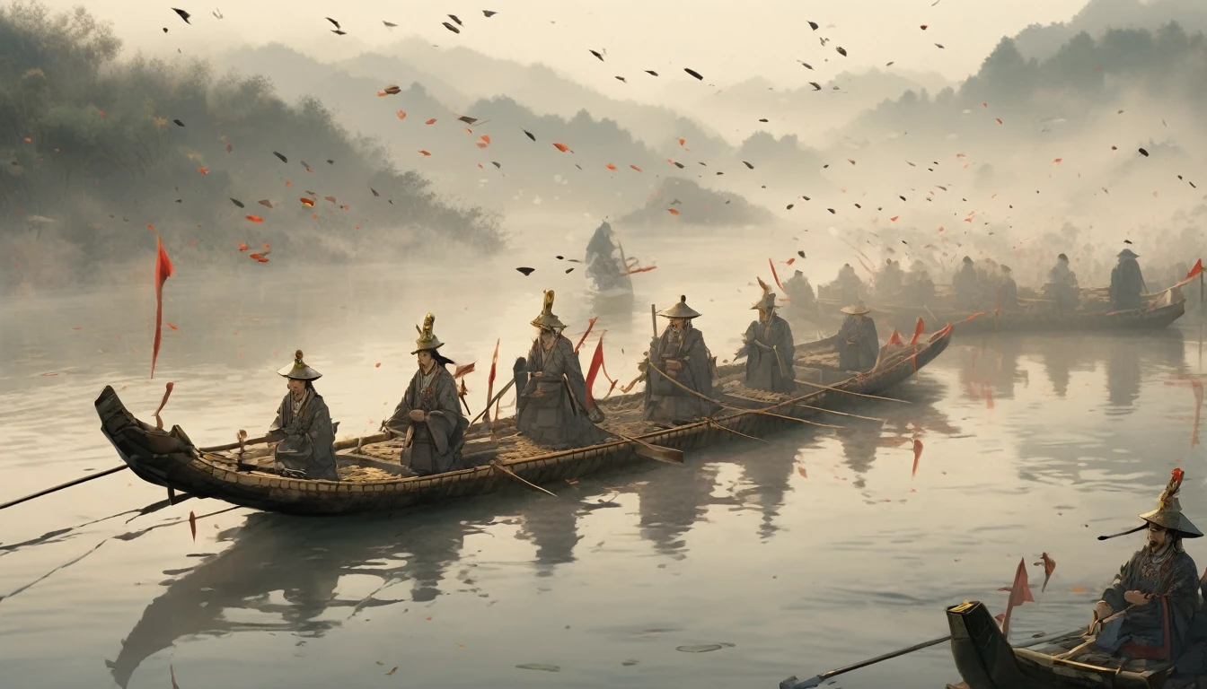 "Straw boats filled with arrows floating on a misty river, with Zhuge Liang overseeing the operation."
