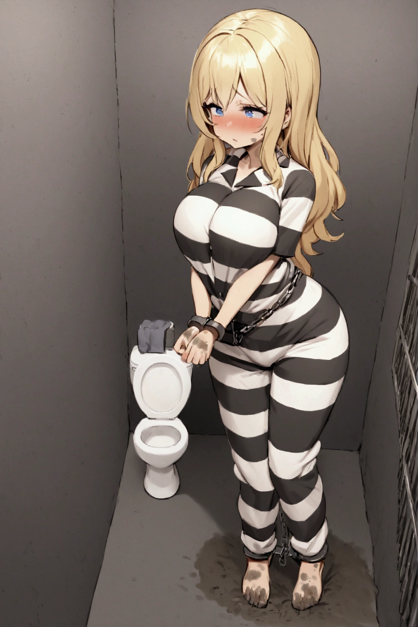 Huge breasts, Prisoner,blush,embarrassing, Girl in prison, Imprisonment, Imprisonment, Black and white prison jumpsuit, Handcuffed,Shackles, Suppressed, bondage, be interested, Solitary confinement, rock, Long blonde hair, blue eyes,（mud stains）,dirty face,（dirt on face）,dirty clothes,cleaning the toilet,dirty toilet bowl,brush the toilet bowl,hold a rag in hand,in prison,prison,iron grate,