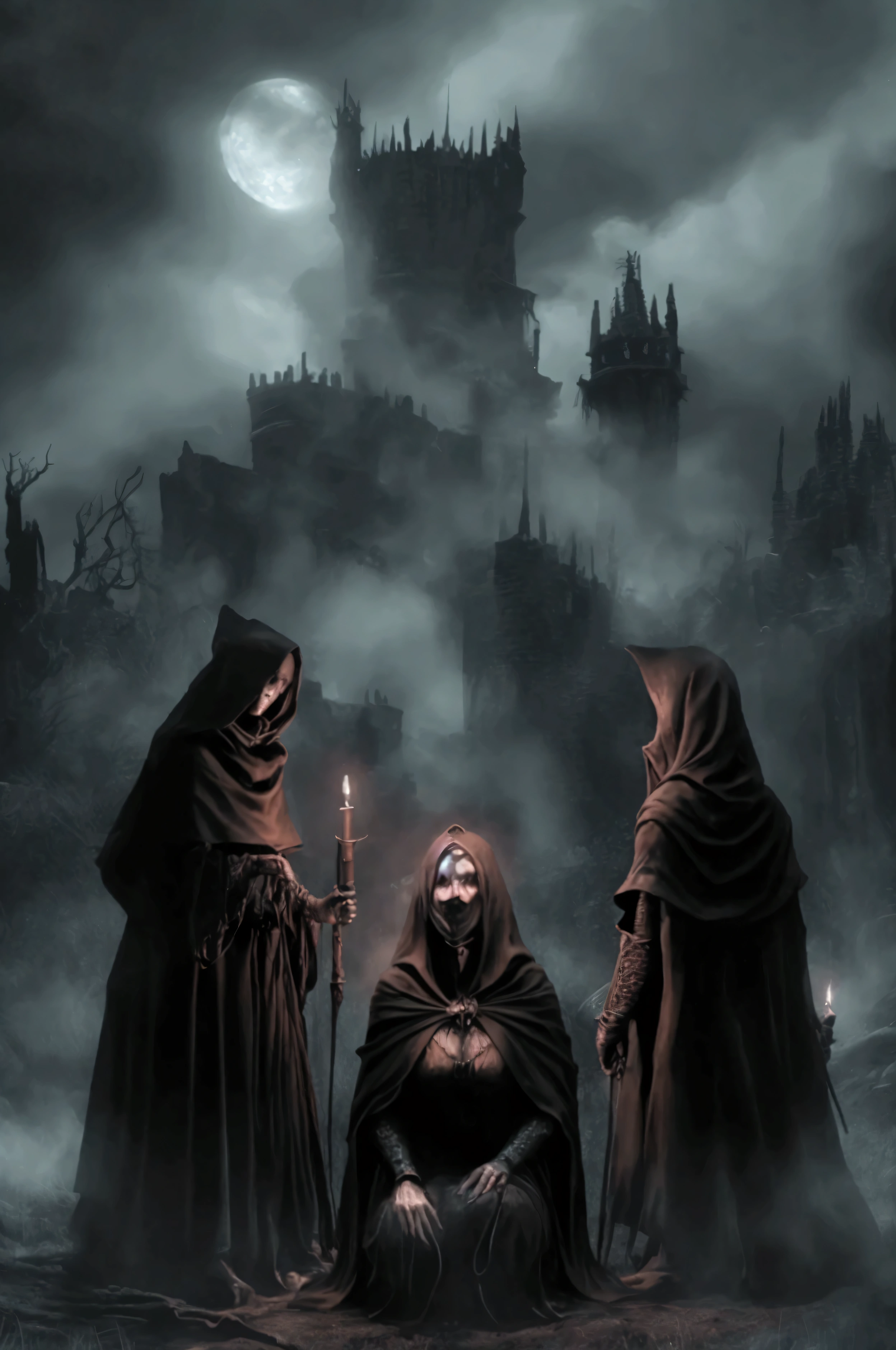 Three Cloaked Witches around a steaming big cauldron, 1 Witch standing with arms open, 2 other witches on knees, kneeling, (Macbeth) beautieful, creepy, dark fantasy, medieval, battlefield, fantasy artwork, high detailed, 4k, masterpiece, realism, 