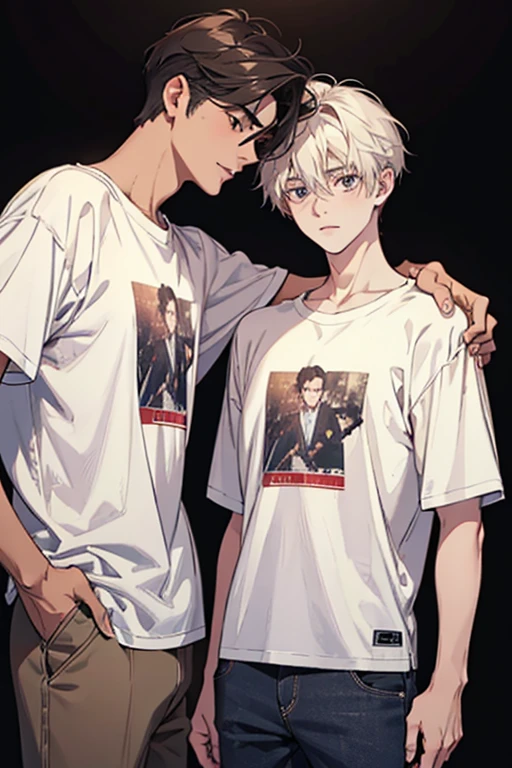2 Young Men, 16〜20yr old, detailed hairs, 4K, High resolution, Handsome, t-shirts, medium length hair, from below, model posing, cowboy shot, white background, touching each others cheek
