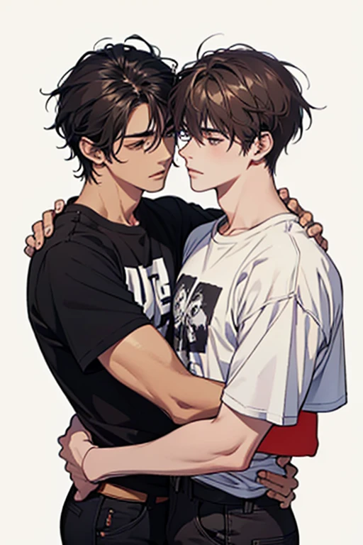 2 Young Men, 16〜20yr old, detailed hairs, 4K, High resolution, Handsome, t-shirts, medium length hair, from below, model posing, cowboy shot, white background, touching each others cheek
