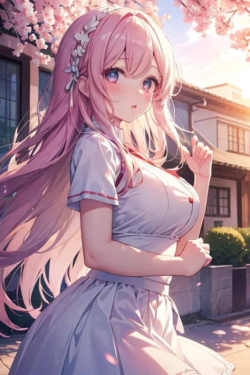 1girl, ichinose honami, white skirt, long flowing hair, beautiful detailed eyes, beautiful detailed lips, big breasts, outdoor scene, sunny day, vibrant colors, highres, soft lighting, bokeh, romance, anime style.