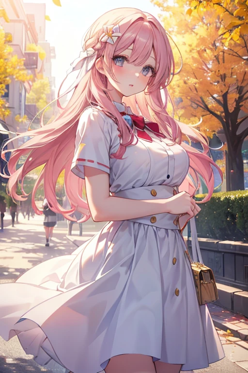 1girl, ichinose honami, white skirt, long flowing hair, beautiful detailed eyes, beautiful detailed lips, big breasts, outdoor scene, sunny day, vibrant colors, highres, soft lighting, bokeh, romance, anime style.