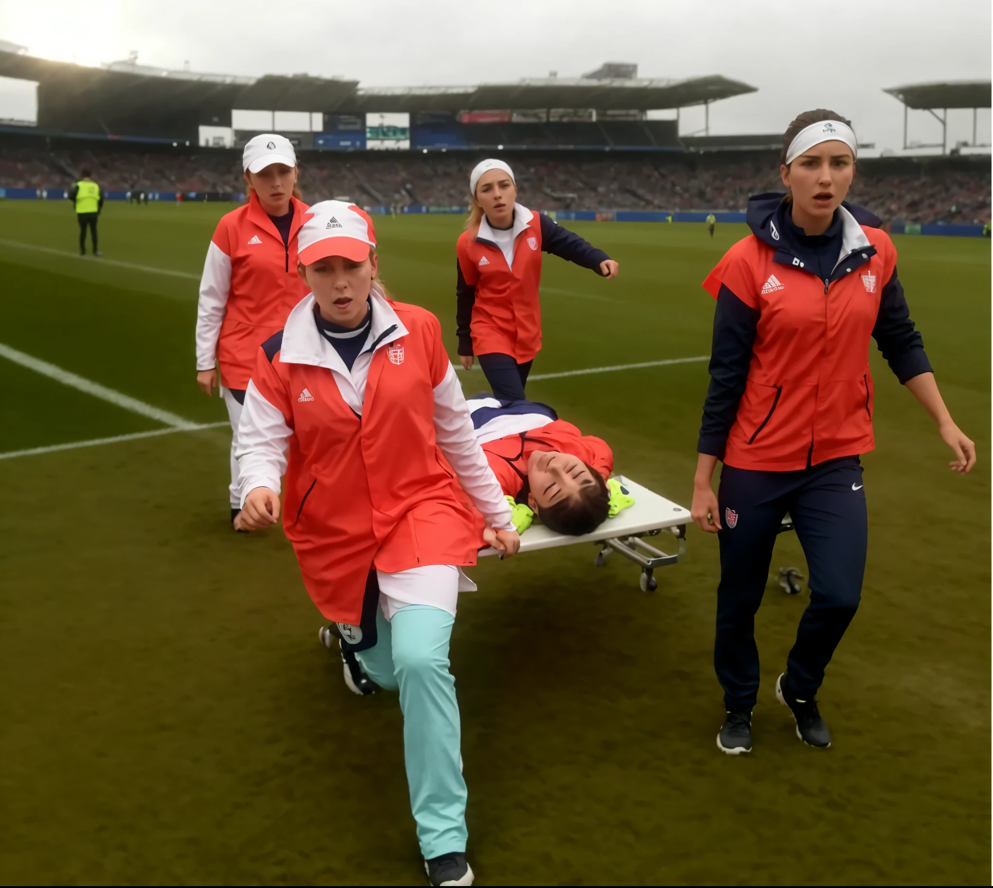 a soccer scene in a sports stadium, cool and wet weather conditions, humide ground, rainy sky, injury scene in a sports stadium, stretcher carry, there are four female medics carrying a stretcher, there are four female medics in very shiny coats who are carrying a stretcher in a sports stadium, there is a wounded male soccer player in a matte short cotton sports outfit lying on the stretcher, an injured male soccer player in matte cotton sportswear is lying in pain on a stretcher, a soccer player in matte cotton sports clothes is rearing up in intense pain while lying on a stretcher, dramatic scene, theatralic posing scene, dramatic pity scene, injury soccer, first aid, help, pity, there are four female medics in wetlook high-shine coats who are looking very sad and very terrified and very shocked, the injured soccer player is screaming out in pain while he is carried from the pitch on a stretcher