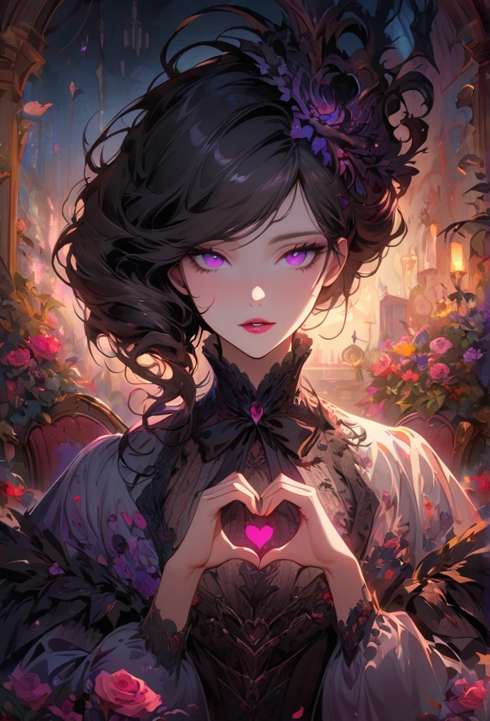 anime,beautiful detailed eyes,beautiful detailed lips,extremely detailed eyes and face,longeyelashes,colorful,vivid colors,portrait,landscape,horror,studio lighting,sharp focus,physically-based rendering,extreme detail description,professional,bokeh,HDR,UHD,ultra-fine painting,concept artists,gothic,Victorian-style bedroom,beautiful witch,dark atmosphere,vibrant colors,soft lighting,enchanted plants,flowing lavender,anime-style characters,mysterious shadows,exquisite details,vintage furniture,luxurious textures,eye-catching composition,romantic mood,rose,kissmark,monochrome,heart hands