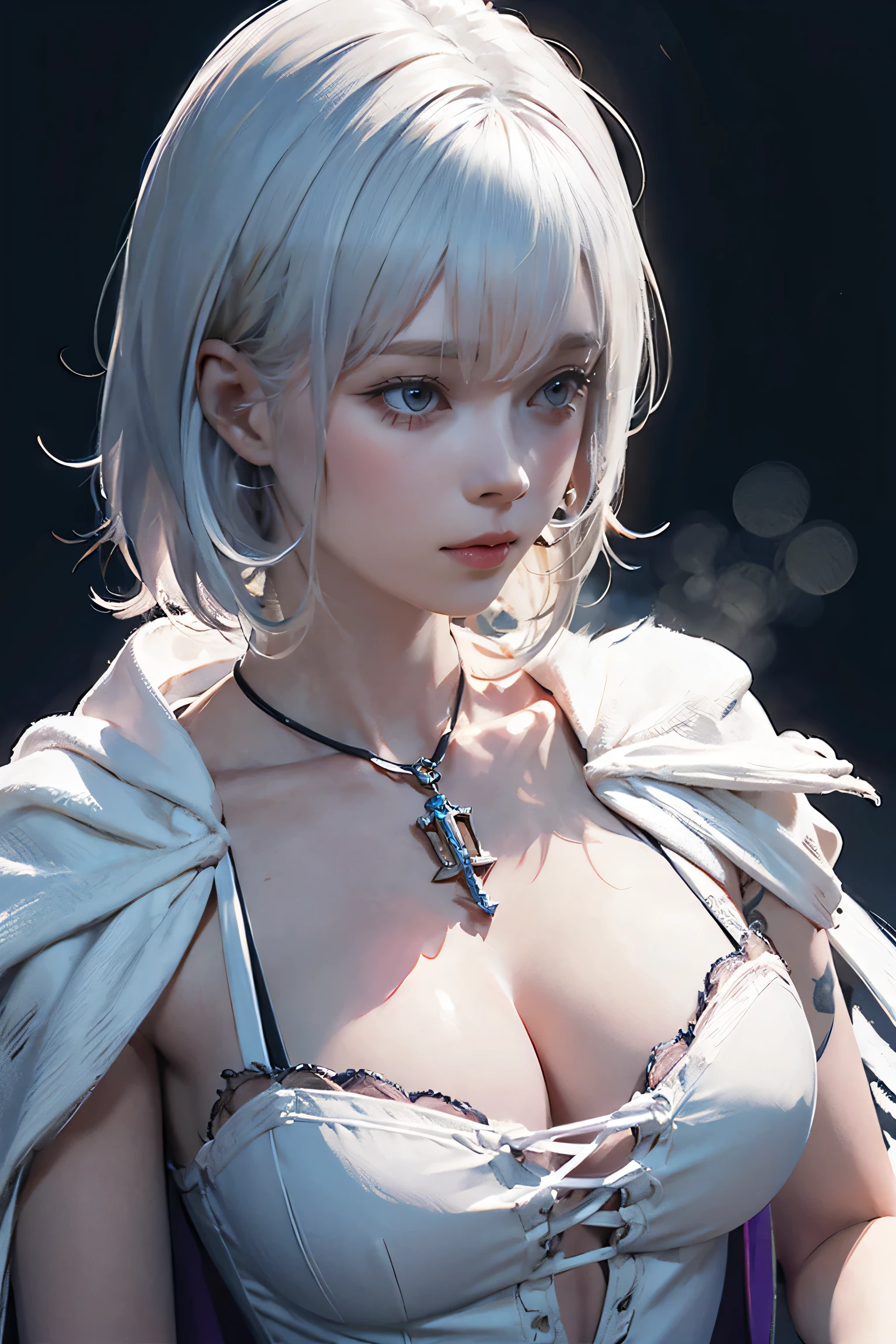 ((Close-up of a woman with tattoos on her chest)), girl, ((Short white hair with bangs, Black strands of hair)), Purple eyes, White T-shirt and white cape, Pendant around the neck. 超High resolution.Photorealistic. 超High resolution.Photorealistic:1.4,超High resolution. Realistic，High resolutionで, masterpiece, Highest quality, Very detailed, Better Shadows, Volumetric lighting), super high quality, High resolution, 8k, Ultra-Realistic Portraits , Photorealistic, Dynamic Lighting, Volumetric lighting, Very detailed顔,(NSFW:0.8),Large Breasts