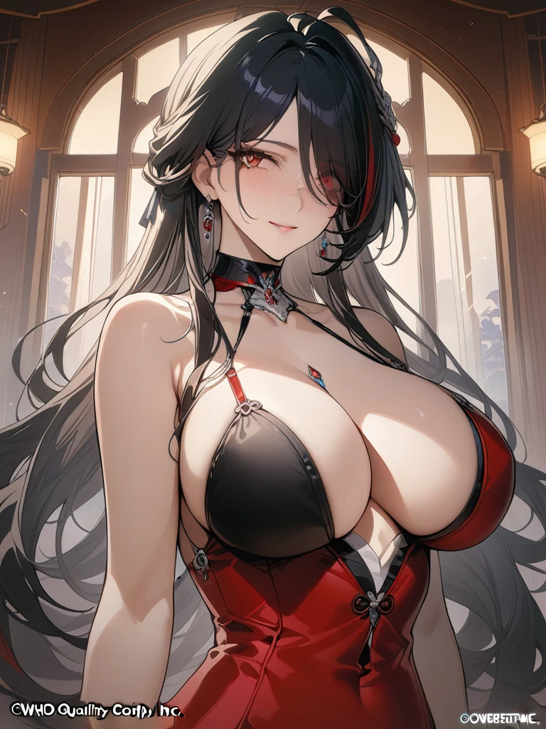 (masterpiece, quality upper body_upper, best quality, official art, beautiful and aesthetic: 1.2), (8k, best quality, masterpiece: 1.2), (((masterpiece))) ,(( (best quality))),((( extremely detailed))), illustration, who, (masterpiece, top quality, best quality, official art, beautiful and aesthetic: 1,2), (8k, best quality, masterpiece: 1,2), acheron_red, happy smile_ beautiful smile_1girl, ahoge, arm_behind_back, red dress, chinese oriental dress, comment request, cowboy photo, high resolution, indoors, big breasts, long sleeves, looking at viewer_ korean bangs_official_red_eye_color, black_hair_color black_official, ribbed_sweater, solo, standing, red dress, chinese oriental dress _phoenix clip_golden_