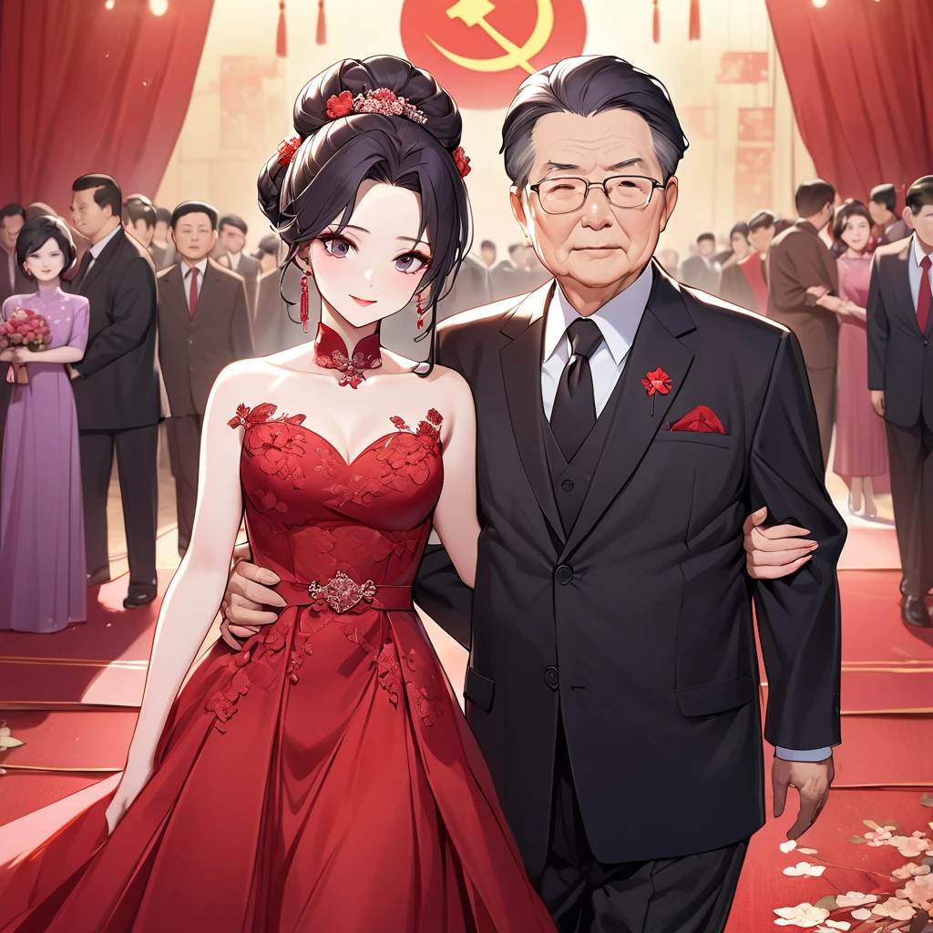 ((Highest quality)), ((masterpiece)), (detailed), （Perfect Face）、The woman is a Chinese woman named Kocho Shinobu.。, Purple gradient bob black hair and formal evening hairstyles. She is wearing an engagement ring. She is a prominent member of the Chinese Communist Party.、She is the wife of a great old Communist Party official.、The woman is beautifully dressed in a gorgeous and glamorous red wedding dress typical of the Chinese Communist Party.、She walked side by side with a dignified elderly Communist Party official down the red carpet aisle in a loving wedding ceremony.。A loving Chinese Communist couple