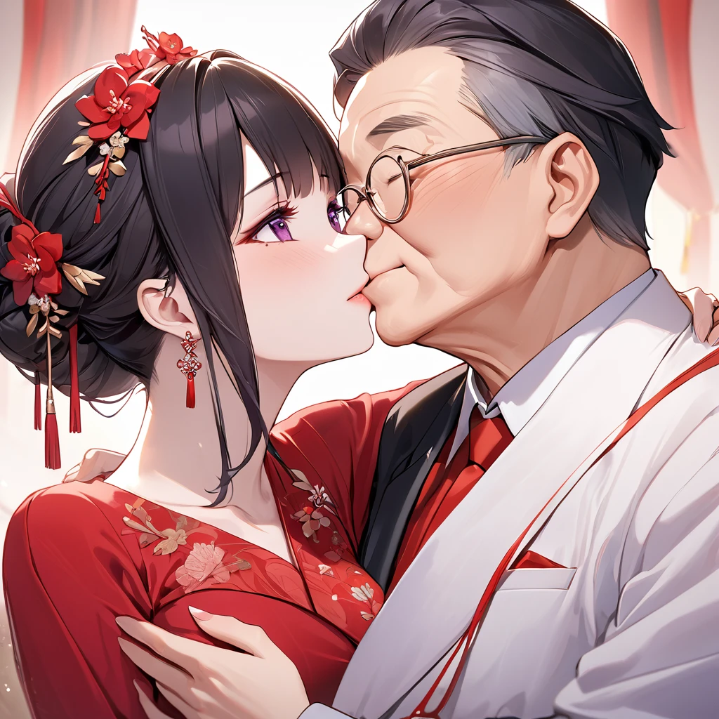 ((Highest quality)), ((masterpiece)), (detailed), (Perfect Face)、The woman is a Chinese woman named Kocho Shinobu.。, Purple gradient bob black hair and formal evening hairstyles. She is wearing an engagement ring. She is a prominent member of the Chinese Communist Party.、She is the wife of a great old Communist Party official.、The woman is beautifully dressed in a gorgeous and glamorous red wedding dress typical of the Chinese Communist Party.、She is seen in a passionate wedding ceremony with a dignified elderly Communist Party official, embracing him passionately and kissing him in a deep vow.。A loving Chinese Communist couple