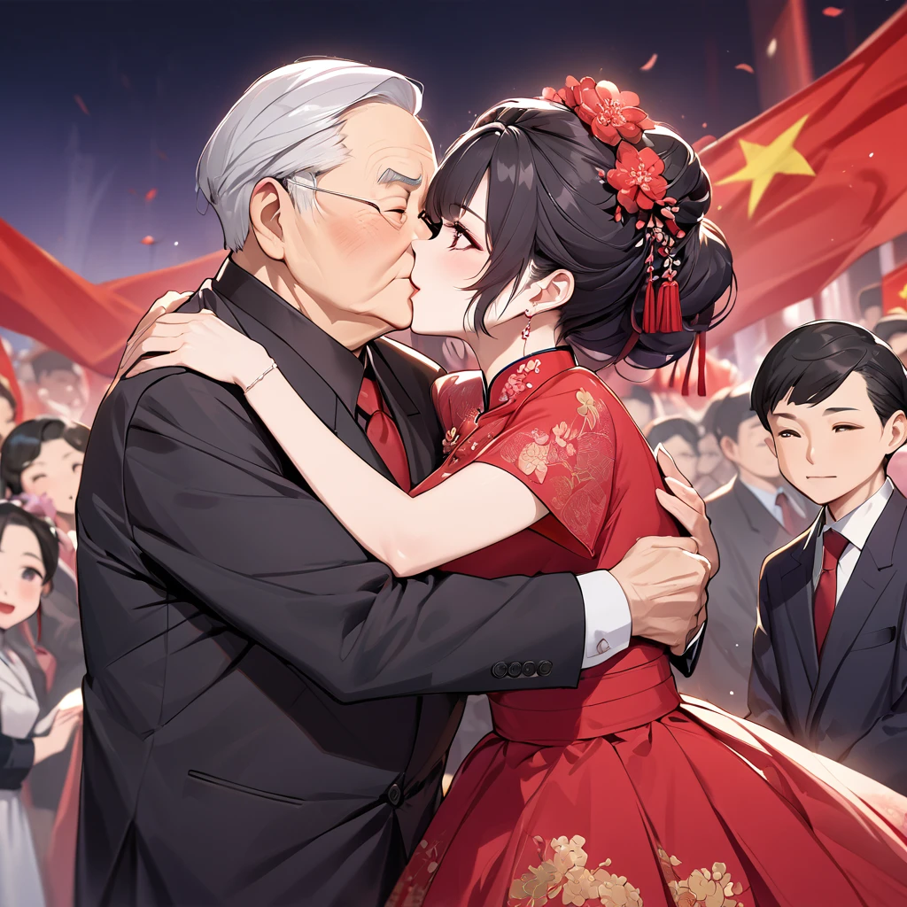 ((Highest quality)), ((masterpiece)), (detailed), (Perfect Face)、The woman is a Chinese woman named Kocho Shinobu.。, Purple gradient bob black hair and formal evening hairstyles. She is wearing an engagement ring. She is a prominent member of the Chinese Communist Party.、She is the wife of a great old Communist Party official.、The woman is beautifully dressed in a gorgeous and glamorous red wedding dress typical of the Chinese Communist Party.、She is seen in a passionate wedding ceremony with a dignified elderly Communist Party official, embracing him passionately and kissing him in a deep vow.。A loving Chinese Communist couple
