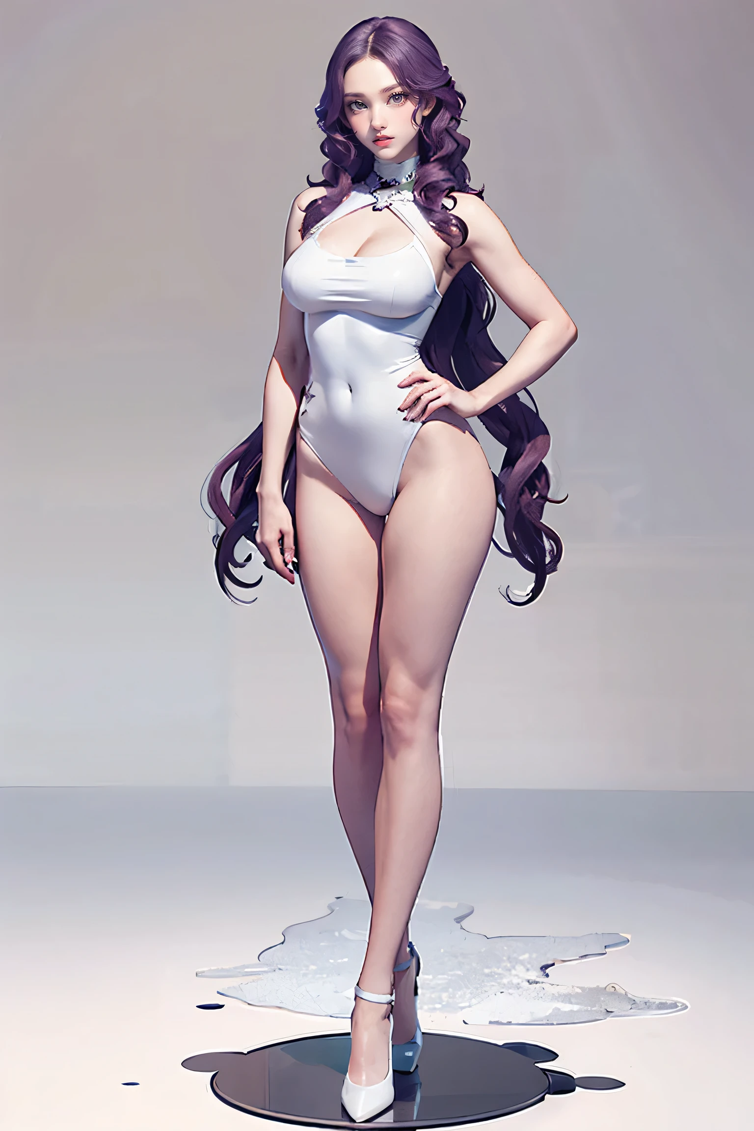 Masters of Animation, A perfect masterpiece, On a snow-white background、Cool Outfits, Sexy and modern clothing、Sexy mature modern woman standing, Flowing purple hair, Spanish Curly Hair, Full Body Stand Posture, Thin legs, ((Large Breasts)), Detailed facial details, Natural and beautiful standing posture, Crisp and realistic body detail,(Browsing Caution:0.9)