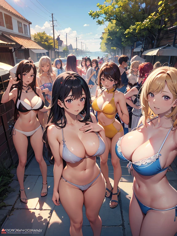 ((Highest quality)), ((masterpiece)), (detailed),Perfect Face,Strong light from the front,With front light,A group of people taking a commemorative photo together at a nudist beach,