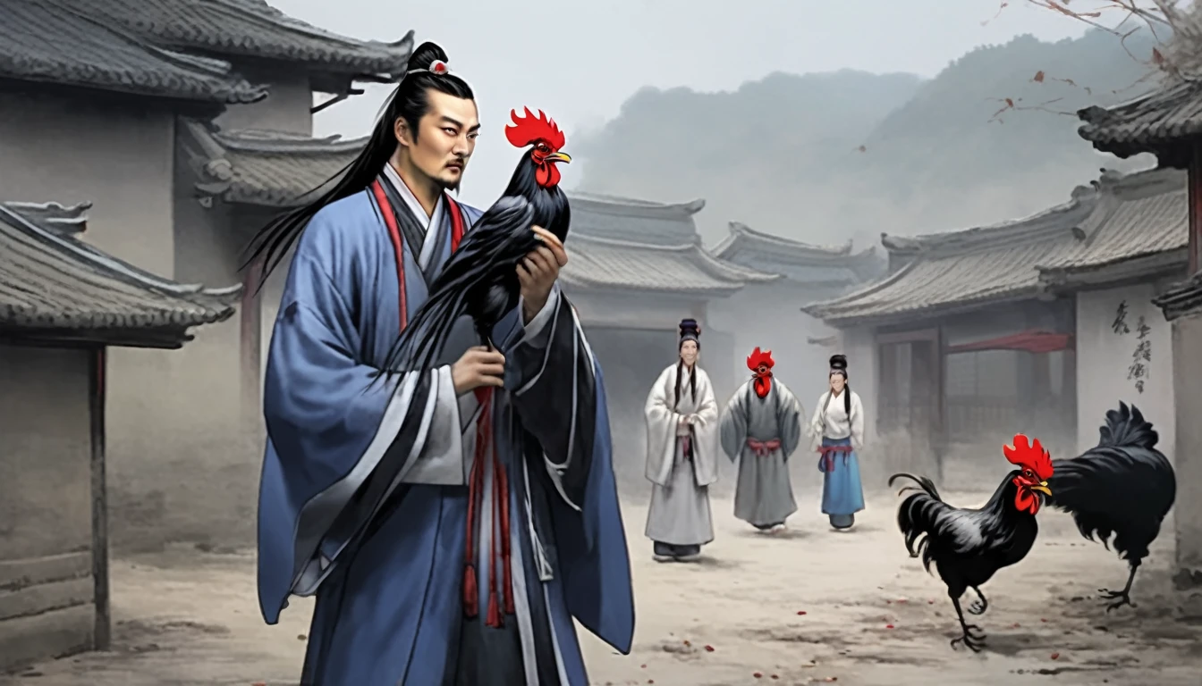 Young Zhuge Liang mimicking a rooster's crow, surprising his family in an ancient Chinese village setting."