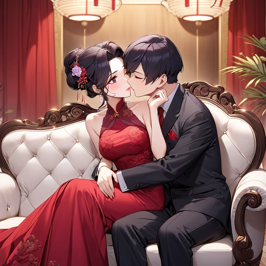 ((Highest quality)), ((masterpiece)), (detailed), （Perfect Face）、The woman is a Chinese woman named Kocho Shinobu.。, Purple gradient bob black hair and formal evening hairstyles. She is wearing an engagement ring. She is a prominent member of the Chinese Communist Party.、She is the wife of a great old Communist Party official.、The woman is beautifully dressed in a gorgeous and glamorous red wedding dress typical of the Chinese Communist Party.、A loving couple passionately embracing and deeply kissing a dignified elderly Communist Party official on a plush sofa in a luxurious room。A loving Chinese Communist couple