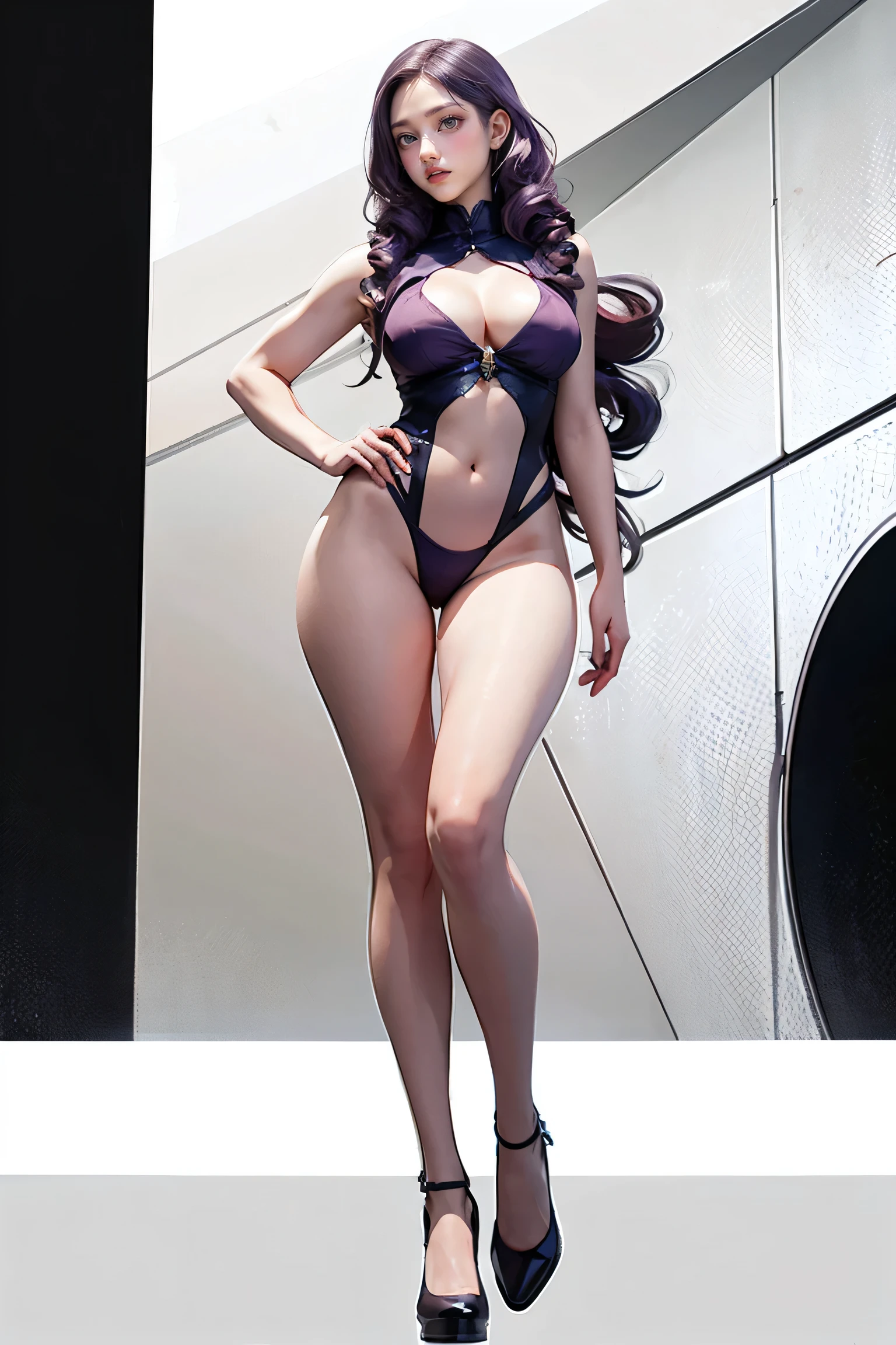 Masters of Animation, A perfect masterpiece, On a snow-white background、Cool Outfits, Sexy and modern clothing、Sexy mature modern woman standing, Flowing purple hair, Spanish Curly Hair, Full Body Stand Posture, Thin legs, ((Large Breasts)), Detailed facial details, Natural and beautiful standing posture, Crisp and realistic body detail,(Browsing Caution:0.9)