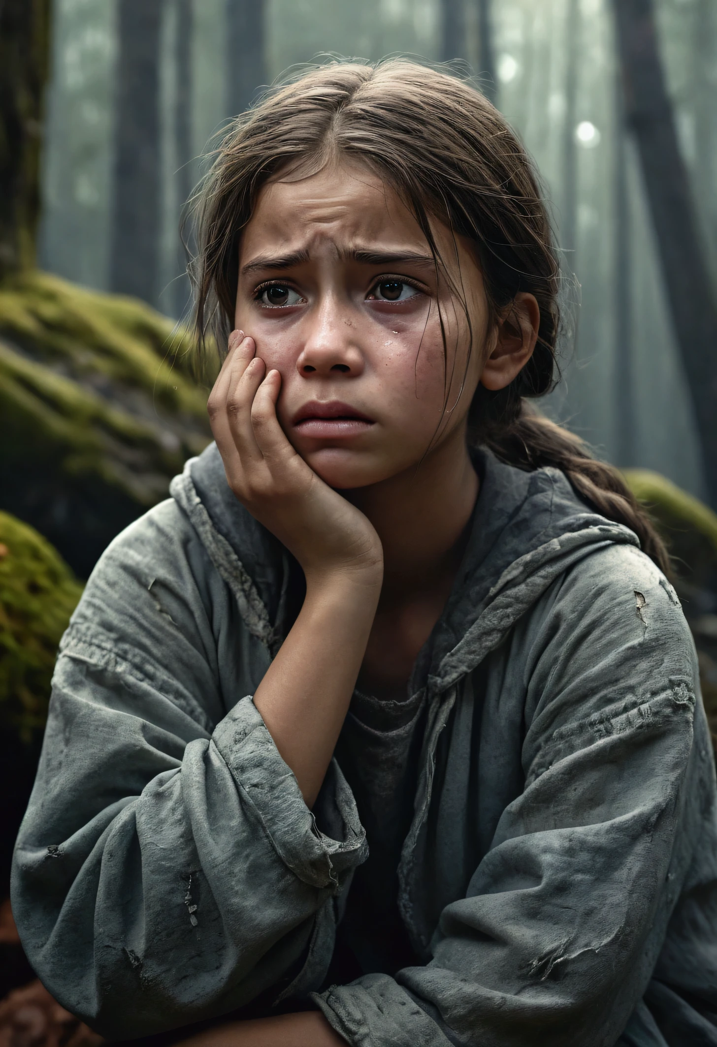 A digital artist creates a portrait with a somber and realistic atmosphere in extremely high quality and 8K resolution. The main focus is a young girl sitting on a large rock, crying. She is dressed in tattered clothing with her hair partially covering her tear-streaked face. Behind her, a dense forest with tall, leafless trees and a dark, cloudy sky creates a mysterious backdrop. Details like the texture of the girl's skin, the tears on her cheeks, and her sorrowful expression add emotional depth to the portrait. All elements are presented in stunning 8K resolution. Avoid overly bright elements, too many colors, or cheerful details that could diminish the somber and emotional tone of the image.