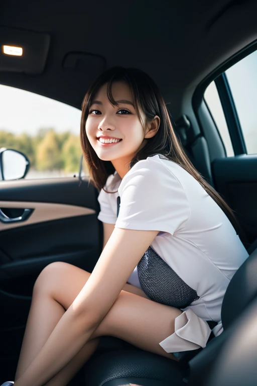 Top quality, Masterpiece, Super high res,(Photorealistic:1.4), Highly detailed, Professional lighting smile, Masterpiece, Top quality, Highly detailed, Octane rendering, Superior,(Japanese girl_woman:1.1), Japanese girl, Woman sitting in automobile, taking picture from distance, taking picture from distance, Uniform on upper body, Woman sitting in car, car door wide open, showing cunt from inside car, pubic hair black, legs spread wide, crouching, female genitalia exposed