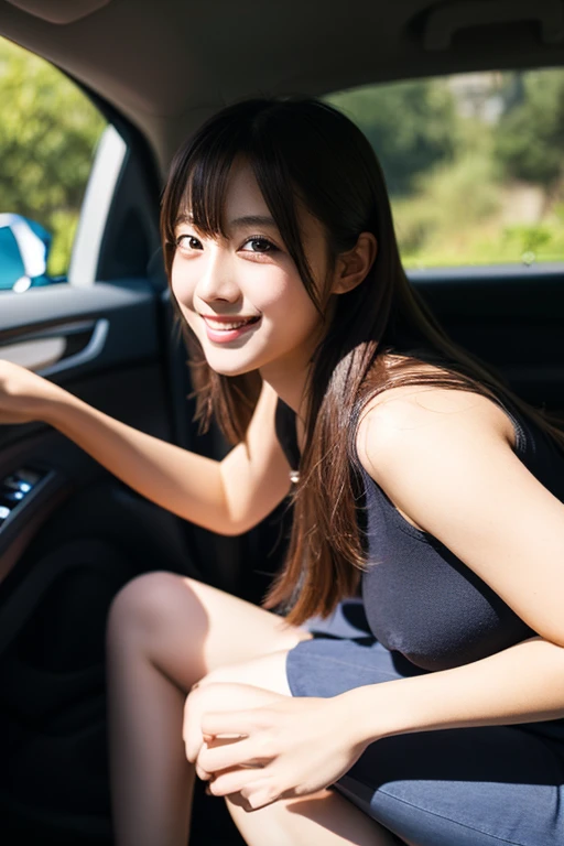 Top quality, Masterpiece, Super high res,(Photorealistic:1.4), Highly detailed, Professional lighting smile, Masterpiece, Top quality, Highly detailed, Octane rendering, Superior,(Japanese girl_woman:1.1), Japanese girl, Woman sitting in automobile, taking picture from distance, taking picture from distance, Uniform on upper body, Woman sitting in car, car door wide open, showing cunt from inside car, pubic hair black, legs spread wide, crouching, female genitalia exposed