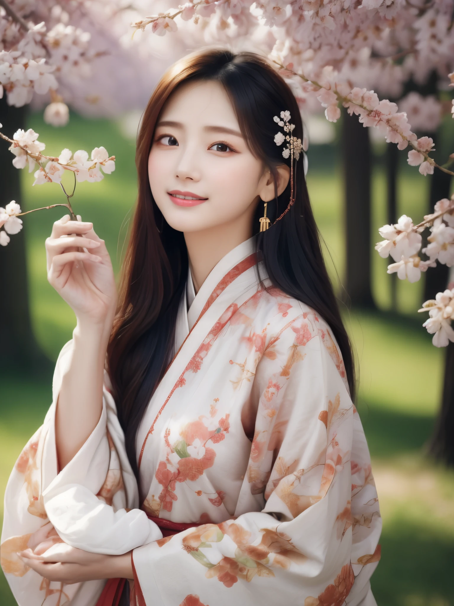 ((photorealistic:1.3)),((ultra detailed)),((sharp:1.5)),1girl, solo, cherry blossom, hanami, white flower, white flower, spring season, wisteria, petals, flower, plum blossoms, outdoors, falling petals, black eyes, from left side, white kimono, purple hairsumi,(hanfu), starlight hair,hair down,full body,((traditional chinese fan in the hand)),((left shoulder)),