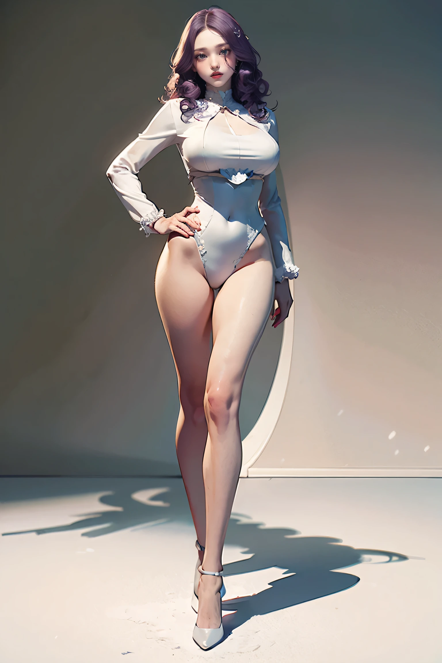 Masters of Animation, A perfect masterpiece, On a snow-white background、Cool outfits, Sexy and modern clothing、Sexy mature modern woman standing, Flowing purple hair, Spanish Curly Hair, Full Body Stand Posture, Thin legs, ((Large Breasts)), Detailed facial details, Natural and beautiful standing posture, Crisp and realistic body detail,(Browsing Caution:0.9)