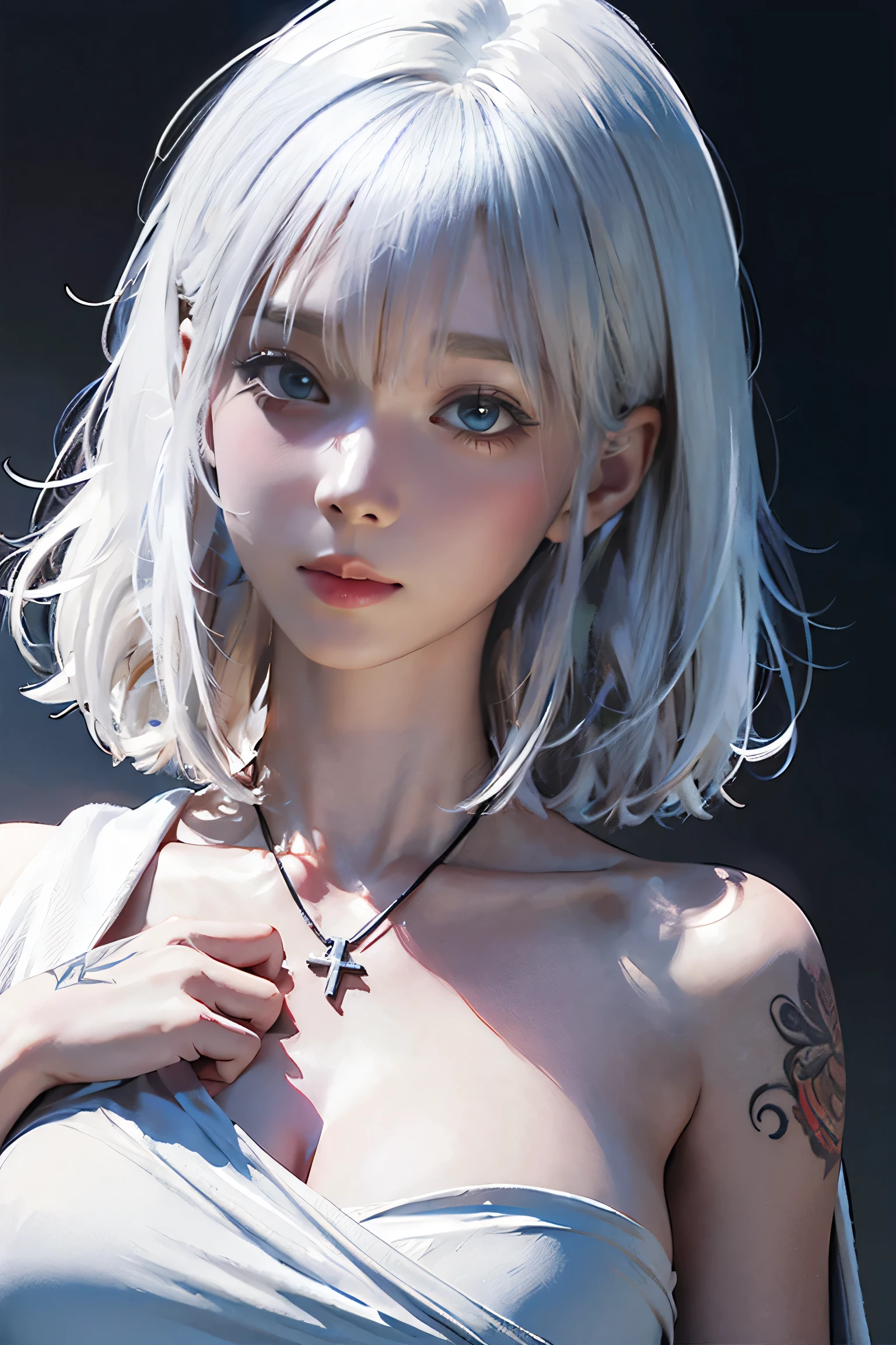 ((Close-up of a woman with tattoos on her chest)), girl, ((Short white hair with bangs, Black strands of hair)), Purple eyes, White T-shirt and white cape, Pendant around the neck. 超High resolution.Photorealistic. 超High resolution.Photorealistic:1.4,超High resolution. Realistic，High resolutionで, masterpiece, Highest quality, Very detailed, Better Shadows, Volumetric lighting), super high quality, High resolution, 8k, Ultra-Realistic Portraits , Photorealistic, Dynamic Lighting, Volumetric lighting, Very detailed顔,(NSFW:0.8),Large Breasts