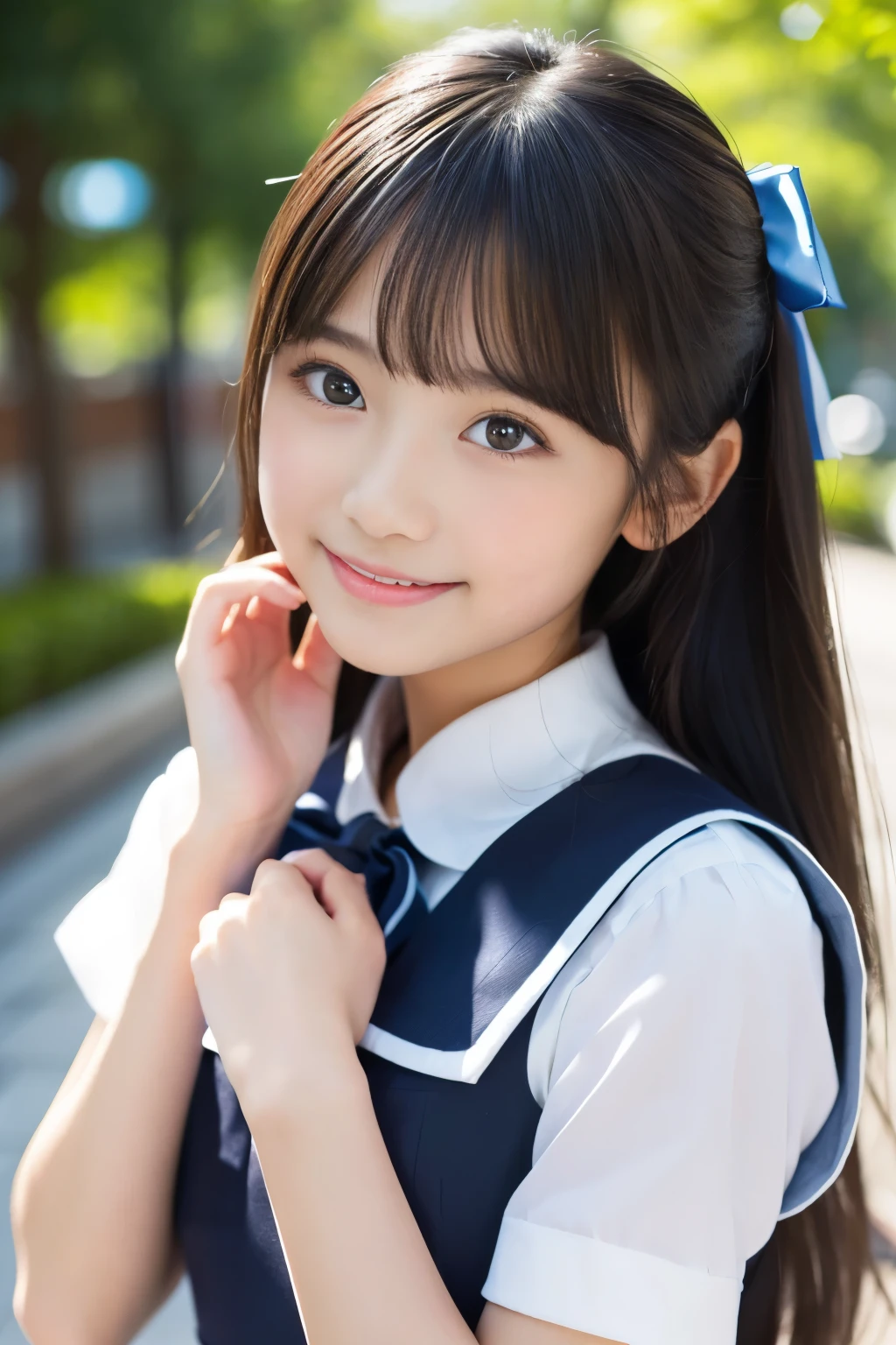 (((masterpiece))), (((Full body photo,Full-body display)))， (Beautiful Japanese Girl, Innocence，cute) ，Ultra-high resolution, Realistic, Ultra-detailed, 8k,Highest quality, Very detailed, Detailed Background,Slender,とてもBeautiful Japanese Girl, Detailed face:1.3), (Fluffy long hair,Black hair tied with a ribbon :1.4), (Baby Face，cute系,Adorable 12 year old girl), (Perfect body:1.1),，Cute Smile:、show me your beautiful teeth、非常にDetailed face、Detailed lips、Detailed eyes、 gravure idol，Clear Skin、Realistic:1.37，No makeup，Neutral lighting,(Highest quality, masterpiece), (One girl, school uniform,Navy blue dress,Neck ribbon,View your viewers, Mouth closed,),Pose to be pampered,In the classroom，Bright lighting
