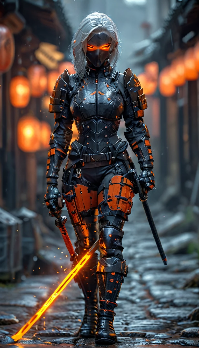 a female Deathstroke is a tall, muscular woman in a tight-fitting tactical black and orange armored suit.White short hair,medium perfect breast, The suit is made of Kevlar and ballistic plates and features numerous pockets and holsters for her weapons.She wears a half black, half orange  armored balaclava. she  he handles a katana in his hands, combat pose, front view, modified assault rifle, pistol and explosives. her arms and legs are protected by additional armor pieces, and she wears heavy boots and armored gloves. The scene is dark and intense, emphasizing his menacing and intimidating appearance. full-figure, hr 32k uhd, cinematic light, cinematic angle, high detail, perfect detail, high resolution, masterpiece --ar 9:16 - -stilize 750 --v 6  --chaos 25,