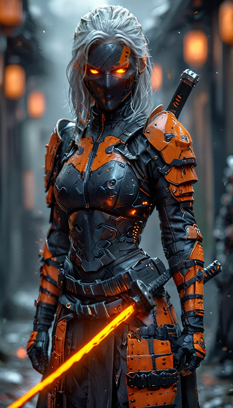 a female Deathstroke is a tall, muscular woman in a tight-fitting tactical black and orange armored suit.White short hair,medium perfect breast, The suit is made of Kevlar and ballistic plates and features numerous pockets and holsters for her weapons.She wears a half black, half orange armored balaclava. she he handles a katana in his hands, combat pose, front view, modified assault rifle, pistol and explosives. her arms and legs are protected by additional armor pieces, and she wears heavy boots and armored gloves. The scene is dark and intense, emphasizing his menacing and intimidating appearance. full-figure, hr 32k uhd, cinematic light, cinematic angle, high detail, perfect detail, high resolution, masterpiece --ar 9:16 - -stilize 750 --v 6 --chaos 25,