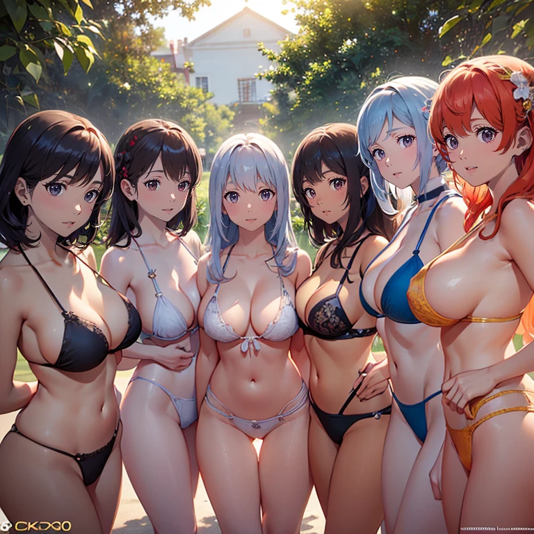 Best image quality, 8K, high quality, masterpiece:1.2), ((masterpiece)), (High detail, high quality, Best image quality), Depth of written boundary, Portraiture, Open Stance, (Cute illustrations:1.3), (5 non-virgin girls), Poolside, (Multiple girls with different hair colors and styles:1.2), Dawn, Beautiful light, Professional Lighting, (Small breasts), (Bright color low V-neck one piece bikini swimsuit), Extremely revealing swimsuit, (A swimsuit that is as transparent as air, right down to the nipples and areola:1.8), (Idol Master:1.2), Cute round face girl, sexy, Dynamic pose, An exciting mood, smile, Dynamic Angle, Underarm,