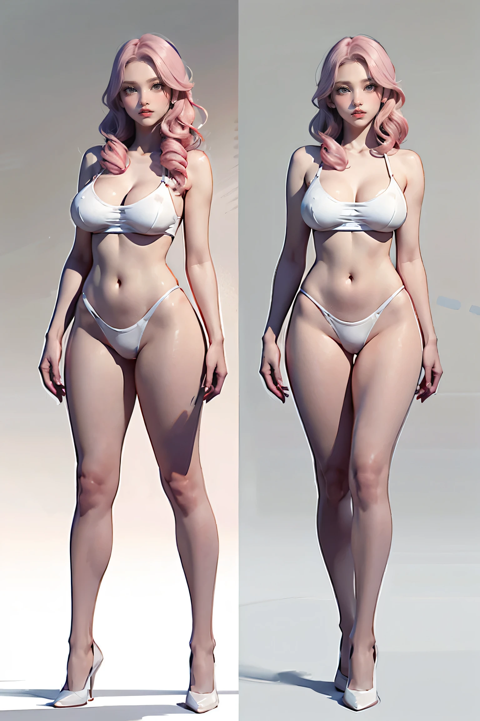 Masters of Animation, A perfect masterpiece, On a snow-white background、Cool outfits, Sexy and modern clothing、Sexy mature modern woman standing, Flowing pink hair, Spanish Curly Hair, Full Body Stand Posture, Thin legs, ((Large Breasts)), Detailed facial details, Natural and beautiful standing posture, Crisp and realistic body detail,(NSFW:0.9)