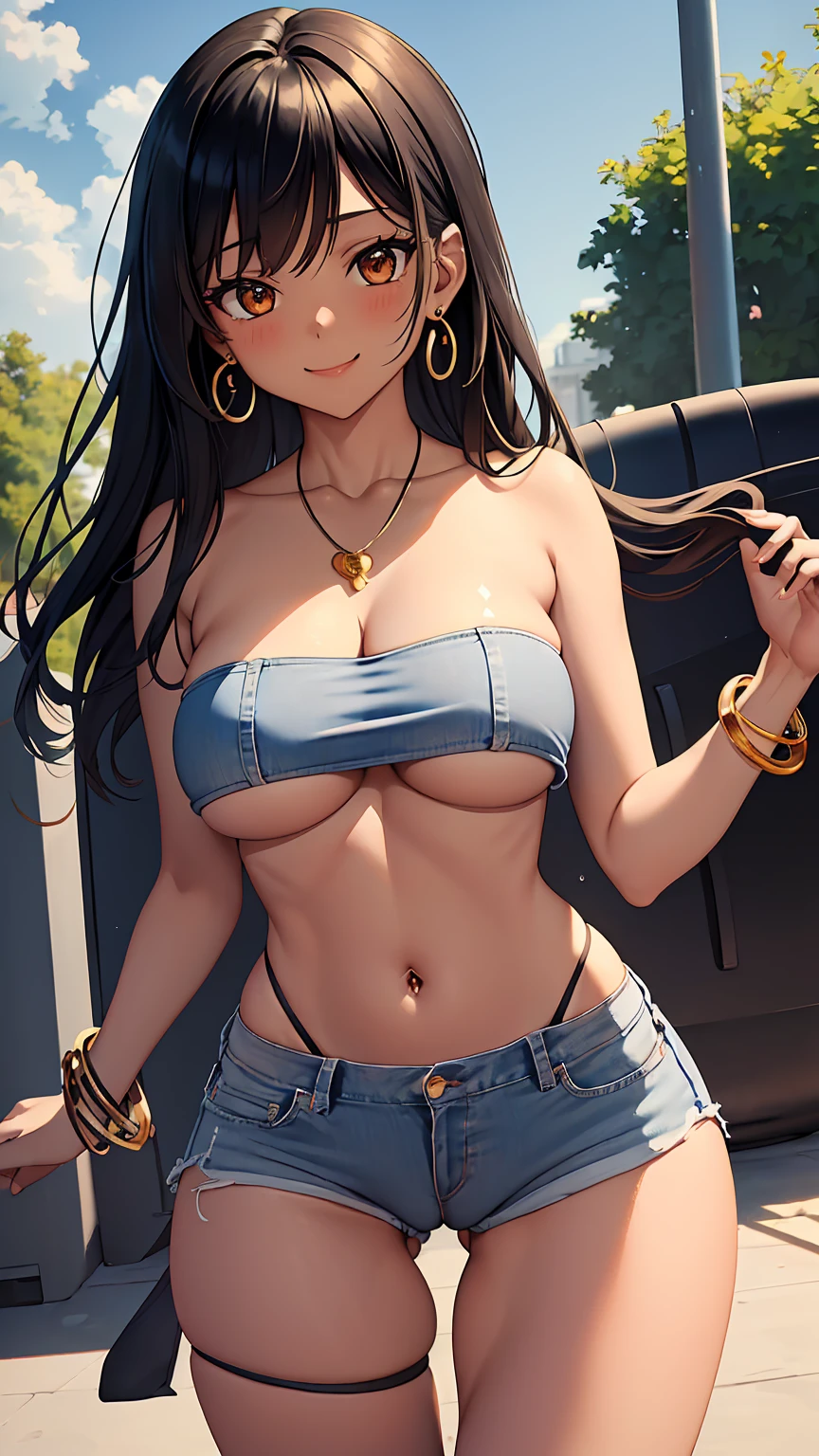 1girl, anime girl, anime, (dark skin), bracelet, necklace, earrings, 2d girl, 18y, (fullbody), anime girl, seductive smile, (black hair), flowing hair, hair flowing in the wind, ((tube top,strapless)), ((underboob view)), cleavage, Solo, Slim, Big Breasts, Tight Shorts, low waist shorts, upshorts, outdoors, night background, flowers, looking at viewer, darker shadows, (((explicit))), (((short,shorts))), (((absurdres))), (((thigh gap))), (((NSFW))), (((cameltoe))), (((lowleg shorts))), (((sexy))), (((sensual))), (((cameltoe,Detailed description vagina))), (((Tube Top))), (((Strapless)))