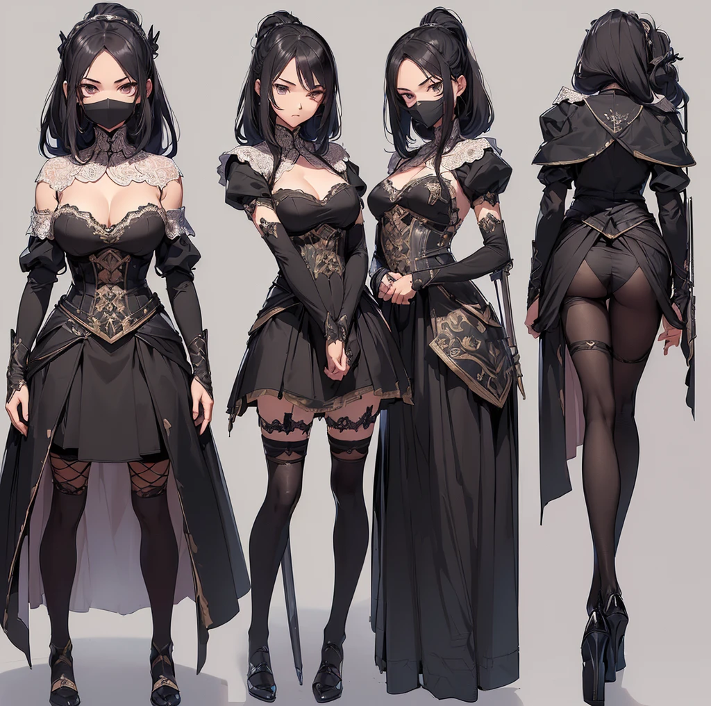 ((Masterpiece, Highest quality, Accurate, UHD)), 
((character design sheet: 1.2), (Line Art), (Detailed character sheet), (anime studio style)),
((Simple background), (sketch art:1.2)),
((multiple view:1.2), (full body:1.2), (detailed face), (3 different angles), (body parts), (full esbian body), (full of details), (multiple items), (multiple poses and expressions)),
((accurate anatomy, best anatomy hands, accurate eye, best anatomy eye)),             
(do not go beyond the edges of the image:1.65), (rating:safe), 
1 girl, medieval character
Assassin, black armor, black ponytail, ((black covering mouth mask)), brown eyes, holding a dagger, very detailed, extremely beautiful, high balance, black lace stockings, camouflage decoration.