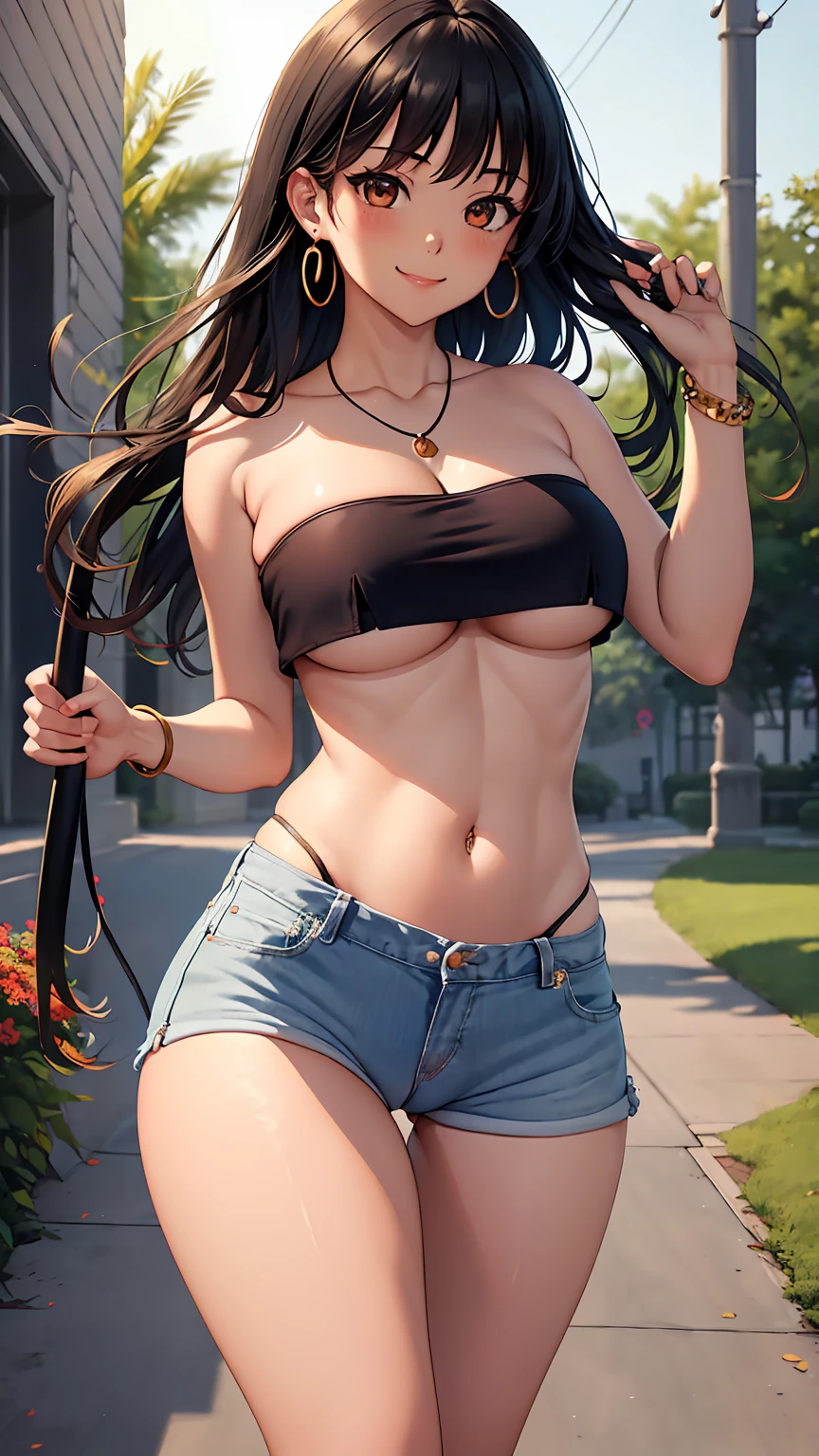 1girl, anime girl, anime, (dark skin), bracelet, necklace, earrings, 2d girl, 18y, (fullbody), anime girl, seductive smile, (black hair), flowing hair, hair flowing in the wind, ((white,tube top,strapless)), ((underboob view)), cleavage, Solo, Slim, Big Breasts, Tight Shorts, low waist shorts, upshorts, outdoors, night background, flowers, looking at viewer, darker shadows, (((Wedgie))), (((explicit))), (((black shorts, (((black jean shorts))), shorts color is black))), (((absurdres))), (((thigh gap))), NSFW, (((cameltoe))), (((lowleg shorts))), (((sexy))), (((sensual))), (((Detailed description vagina))), (((Tube Top))), (((Strapless)))