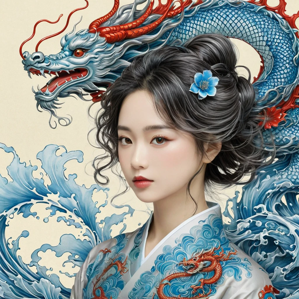 {{{{{illustration}}}}},author：Yuko Shimizu,1 Girl,Chinese dragon,Chinese Girl,female focus on, {{Color ink painting}},{{Ink splash}},{{Splash of Color}},{{{rich and colorful}}},{{sketch}}, masterpiece,best quality, Beautifully painted,Very detailed,