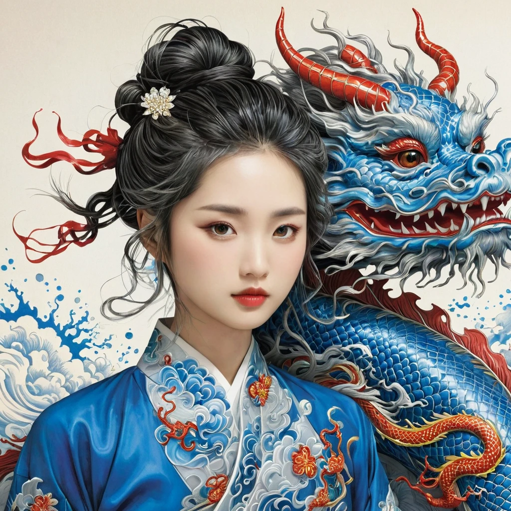 {{{{{illustration}}}}},author:Yuko Shimizu,1 Girl,Chinese dragon,Chinese Girl,female focus on, {{Color ink painting}},{{Ink splash}},{{Splash of Color}},{{{rich and colorful}}},{{sketch}}, masterpiece,best quality, Beautifully painted,Very detailed,