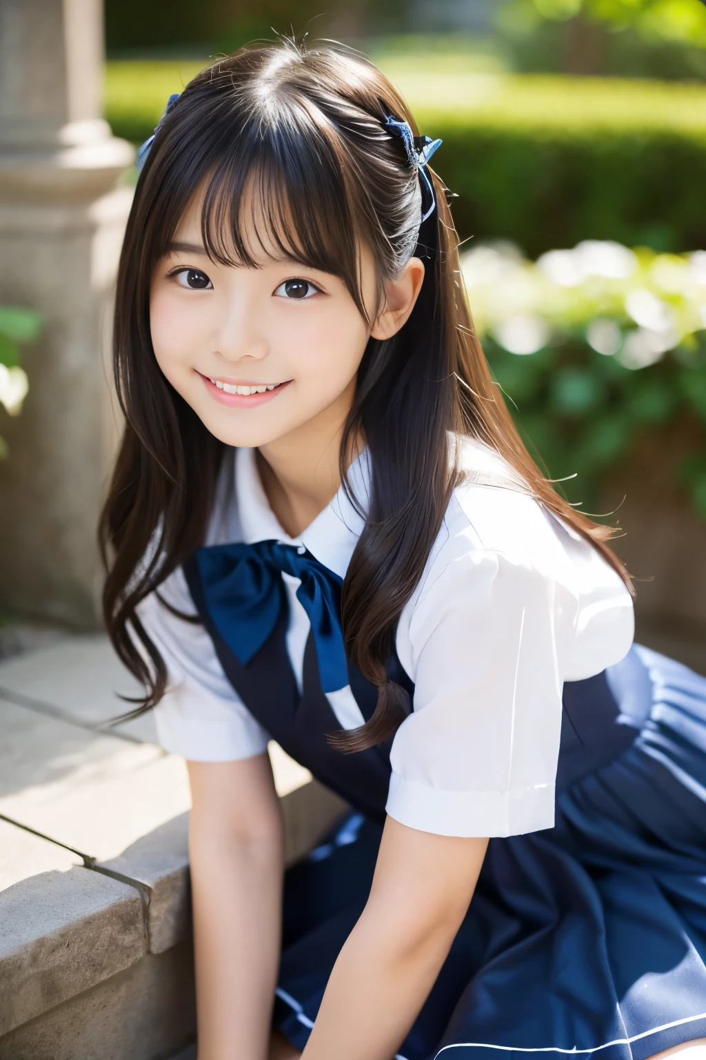 (((masterpiece))), (((Full body photo,Full-body display)))， (Beautiful Japanese Girl, Innocence，cute) ，Ultra-high resolution, Realistic, Ultra-detailed, 8k,Highest quality, Very detailed, Detailed Background,Slender,とてもBeautiful Japanese Girl, Detailed face:1.3), (Fluffy long hair,Black hair tied with a ribbon :1.4), (Baby Face，cute系,Adorable 12 year old girl), (Perfect body:1.1),，Cute Smile:、show me your beautiful teeth、非常にDetailed face、Detailed lips、Detailed eyes、 gravure idol，Clear Skin、Realistic:1.37，No makeup，Neutral lighting,(Highest quality, masterpiece), (One girl, school uniform,Navy blue dress,Neck ribbon,View your viewers, Mouth closed,),Pose to be pampered,In the classroom，Bright lighting