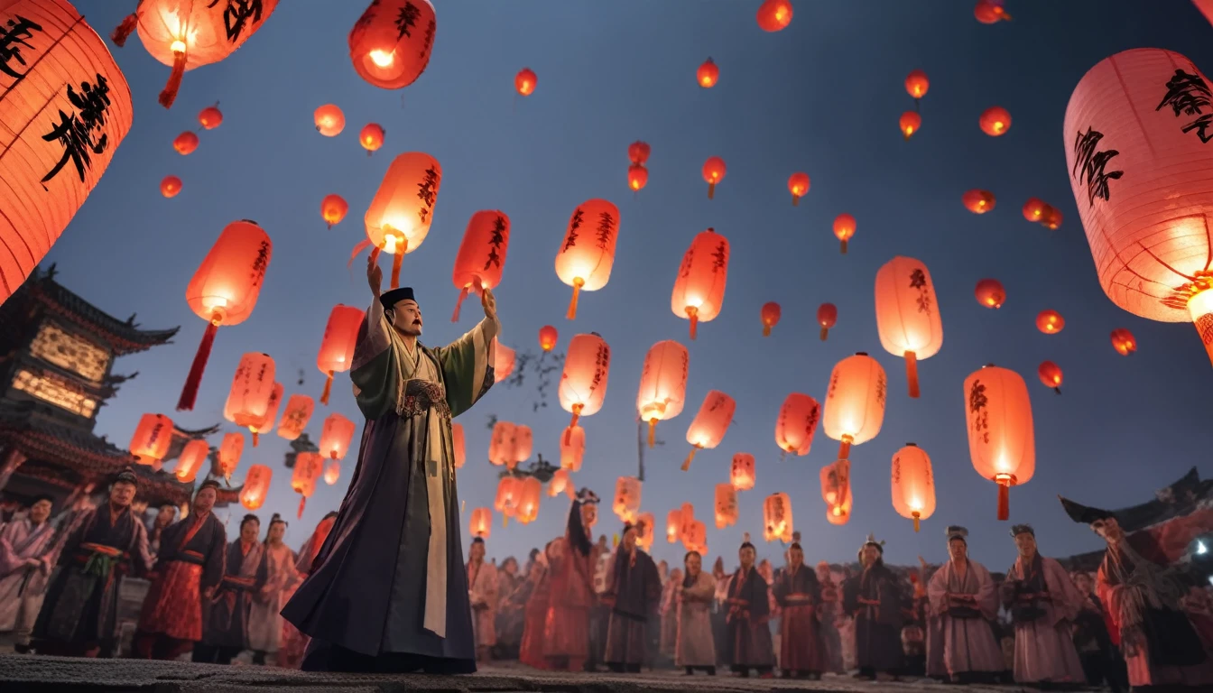 Zhuge Liang releasing a Kongming lantern into the sky during a night scene."