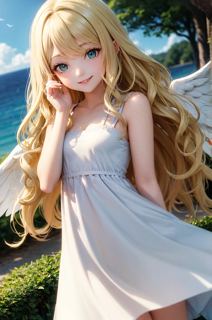 Blonde　Wavy Long Hair　Green Eyes　Beauty　smile　White dress　Angel white wings　blue sky