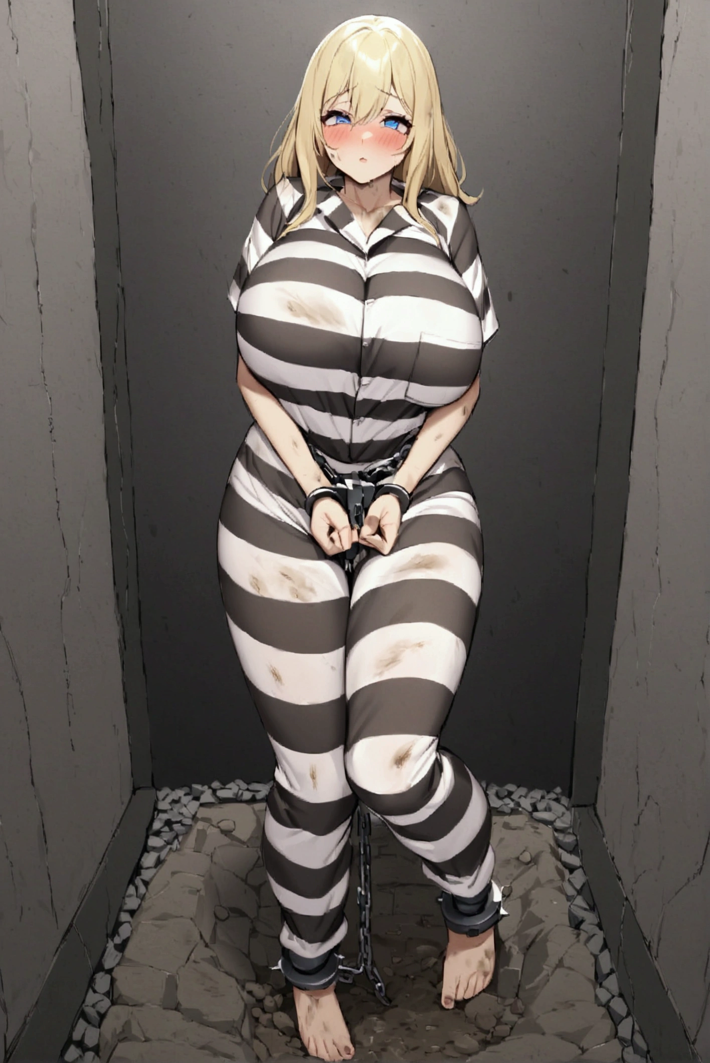 Huge breasts, Prisoner,blush,embarrassing, Girl in prison, Imprisonment, Imprisonment, Black and white prison jumpsuit, Handcuffed,Shackles, Suppressed, bondage, be interested, Solitary confinement, rock, Long blonde hair, blue eyes,mud stains,dirty face,dirt on face,dirty clothes,iron grate,grab the iron grate