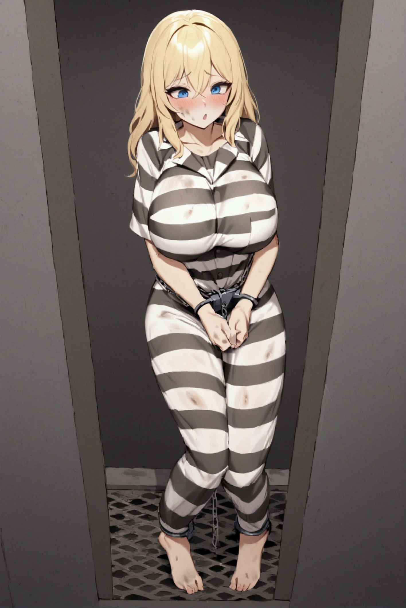 Huge breasts, Prisoner,blush,embarrassing, Girl in prison, Imprisonment, Imprisonment, Black and white prison jumpsuit, Handcuffed,Shackles, Suppressed, bondage, be interested, Solitary confinement, rock, Long blonde hair, blue eyes,mud stains,dirty face,dirt on face,dirty clothes,iron grate,grab the iron grate