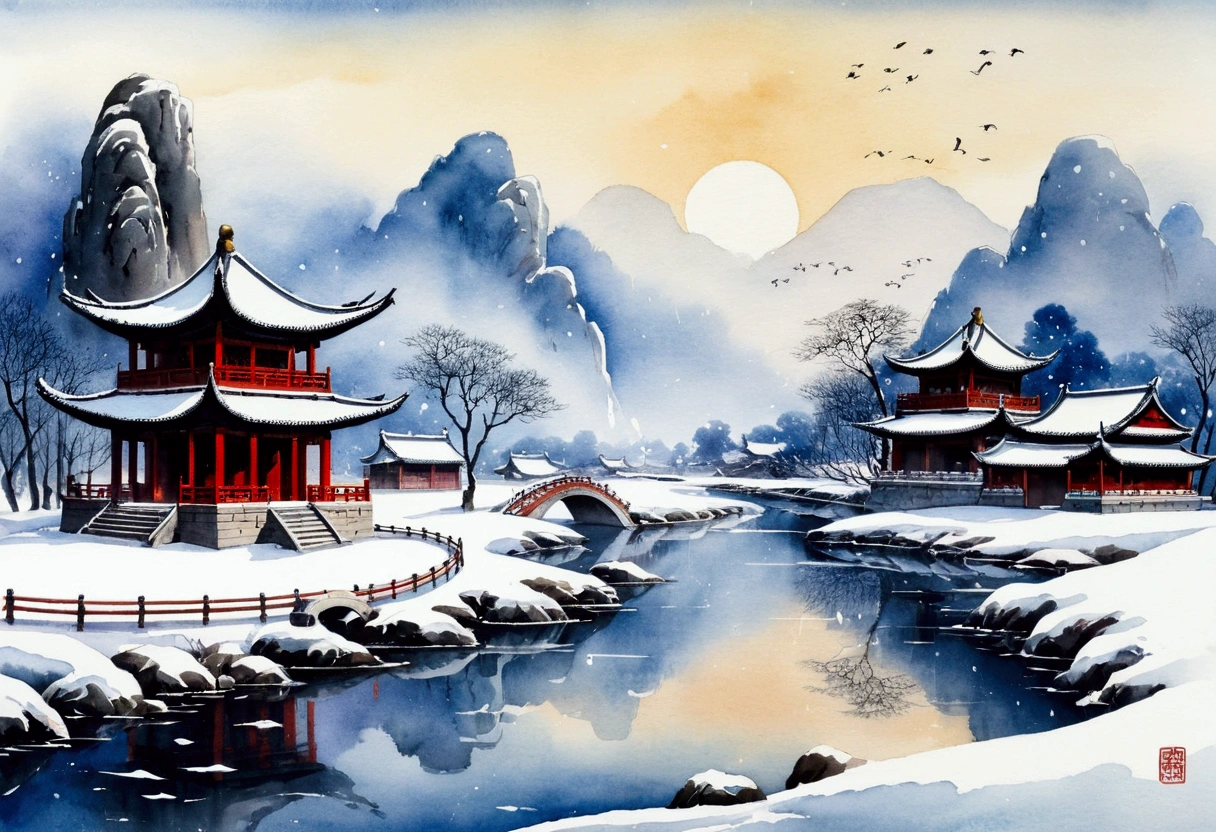 Chinese landscape painting，ink and watercolor painting，water ink，ink，Soil，Vision，Ultra-wide viewing angle，meticulous，meticulous，Soil，Low saturation，Low contrast，Temple in the snow on the cold river，Snow Scene，Beautifully depicted，detailed，Acura，masterpiece，masterpiece