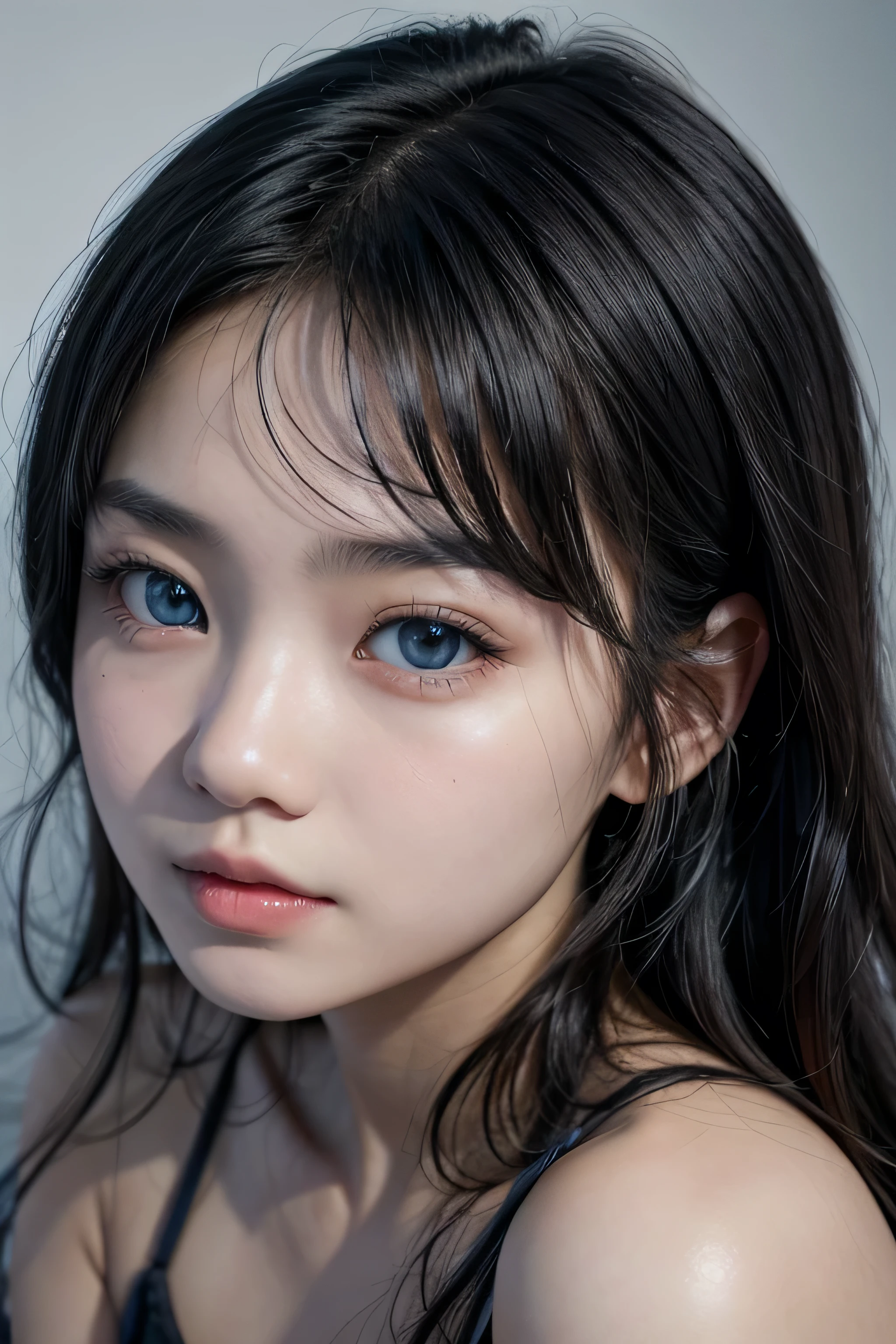 asian girl with black hair, freackles and blue eyes