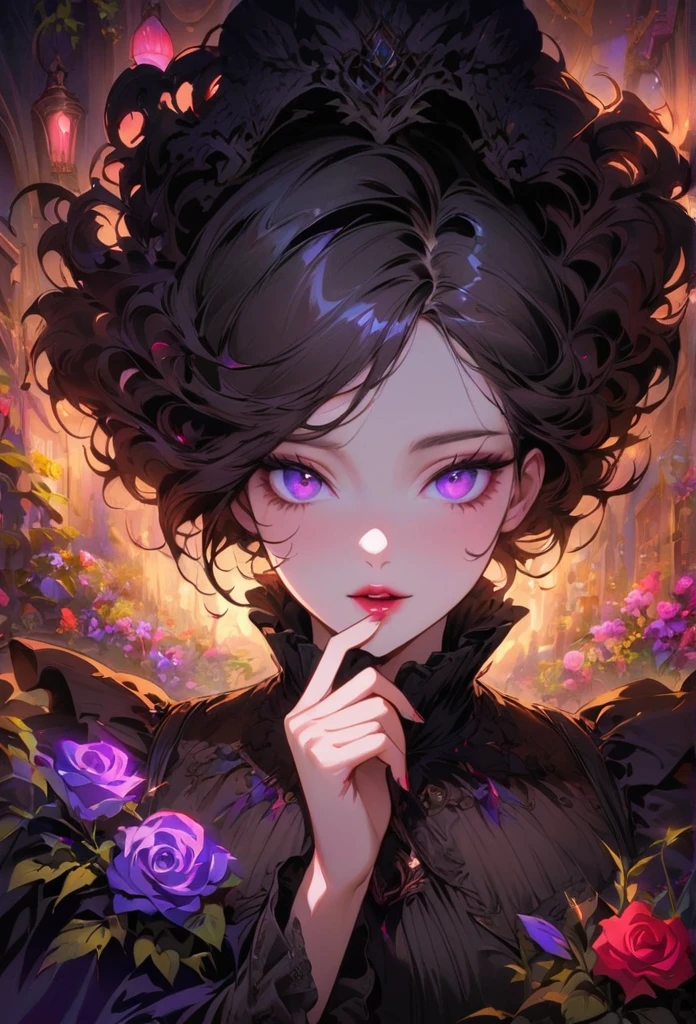 anime,beautiful detailed eyes,beautiful detailed lips,extremely detailed eyes and face,longeyelashes,colorful,vivid colors,portrait,landscape,horror,studio lighting,sharp focus,physically-based rendering,extreme detail description,professional,bokeh,HDR,UHD,ultra-fine painting,concept artists,gothic,Victorian-style bedroom,beautiful witch,dark atmosphere,vibrant colors,soft lighting,enchanted plants,flowing lavender,anime-style characters,mysterious shadows,exquisite details,vintage furniture,luxurious textures,eye-catching composition,romantic mood,rose,kissmark,monochrome,finger to mouth