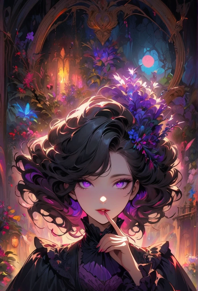 anime,beautiful detailed eyes,beautiful detailed lips,extremely detailed eyes and face,longeyelashes,colorful,vivid colors,portrait,landscape,horror,studio lighting,sharp focus,physically-based rendering,extreme detail description,professional,bokeh,HDR,UHD,ultra-fine painting,concept artists,gothic,Victorian-style bedroom,beautiful witch,dark atmosphere,vibrant colors,soft lighting,enchanted plants,flowing lavender,anime-style characters,mysterious shadows,exquisite details,vintage furniture,luxurious textures,eye-catching composition,romantic mood,rose,kissmark,monochrome,finger to mouth